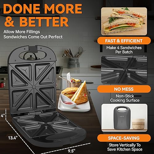 Miniatura 4 de Baker's Friend Sandwicherera de desayuno, 4 rebanadas de panini, sandwichera eléctrica con luz indicadora, sándwiches de queso y huevo, grafito