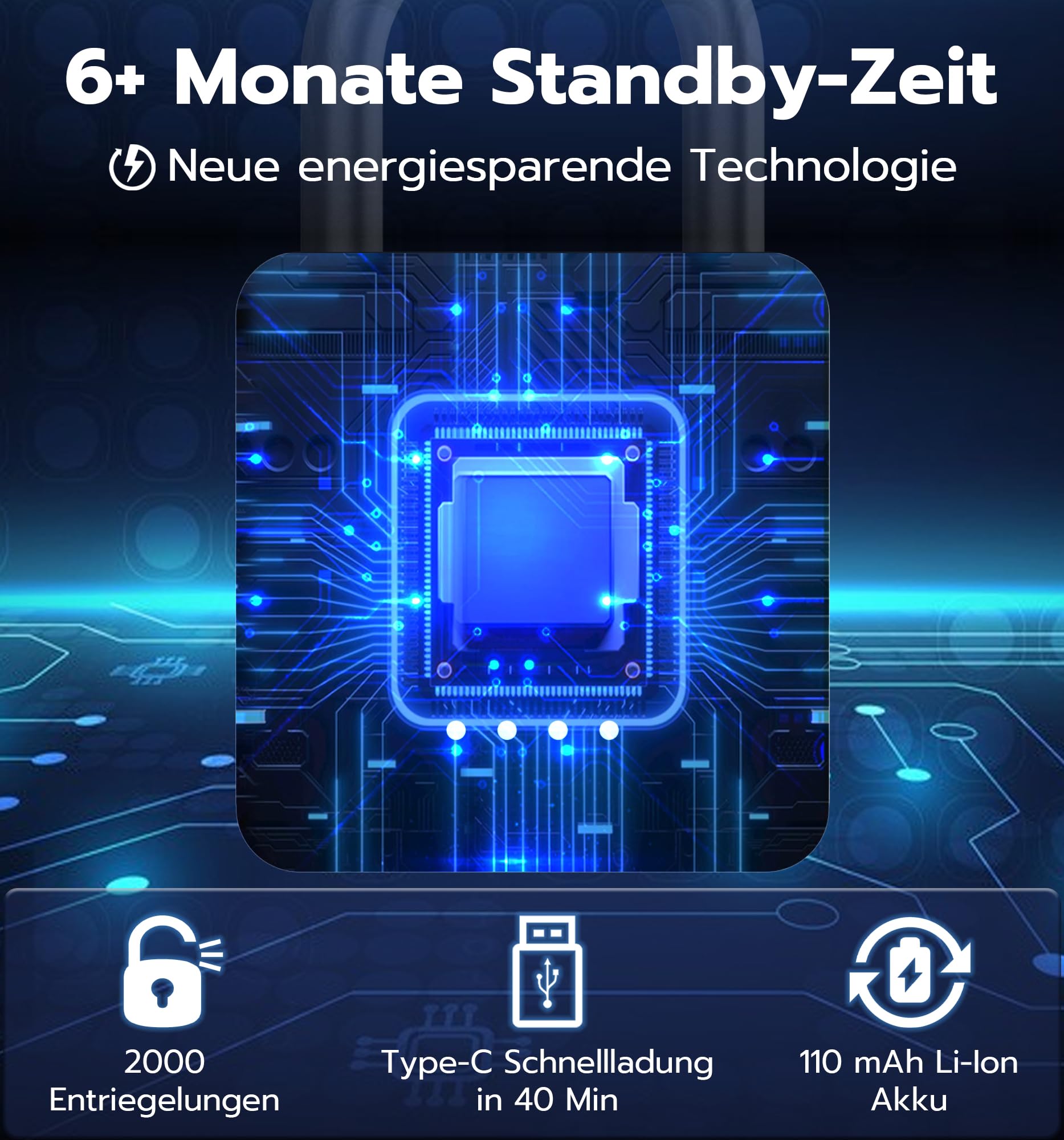 Elektronisches Vorhängeschloss mit Fingerabdruck & PIN, IP65 Wasserdichtes Smart Bluetooth Schloss mit App, USB-C Aufladung, Robust für Gartentor, Garage, Spind