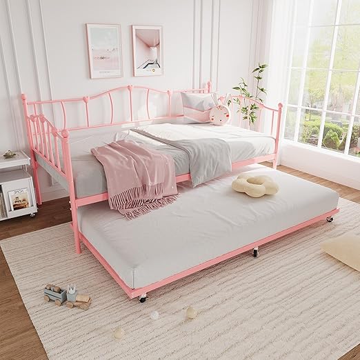 IDEALHOUSE Metal Twin Daybed with Trundle Bed, Twin Size Day Bed with Pullout Trundle and Headboard, Metal Sofa Bed Frame with Steel Slat Support for Living Room, Bedroom, No Box Spring Needed, Pink
