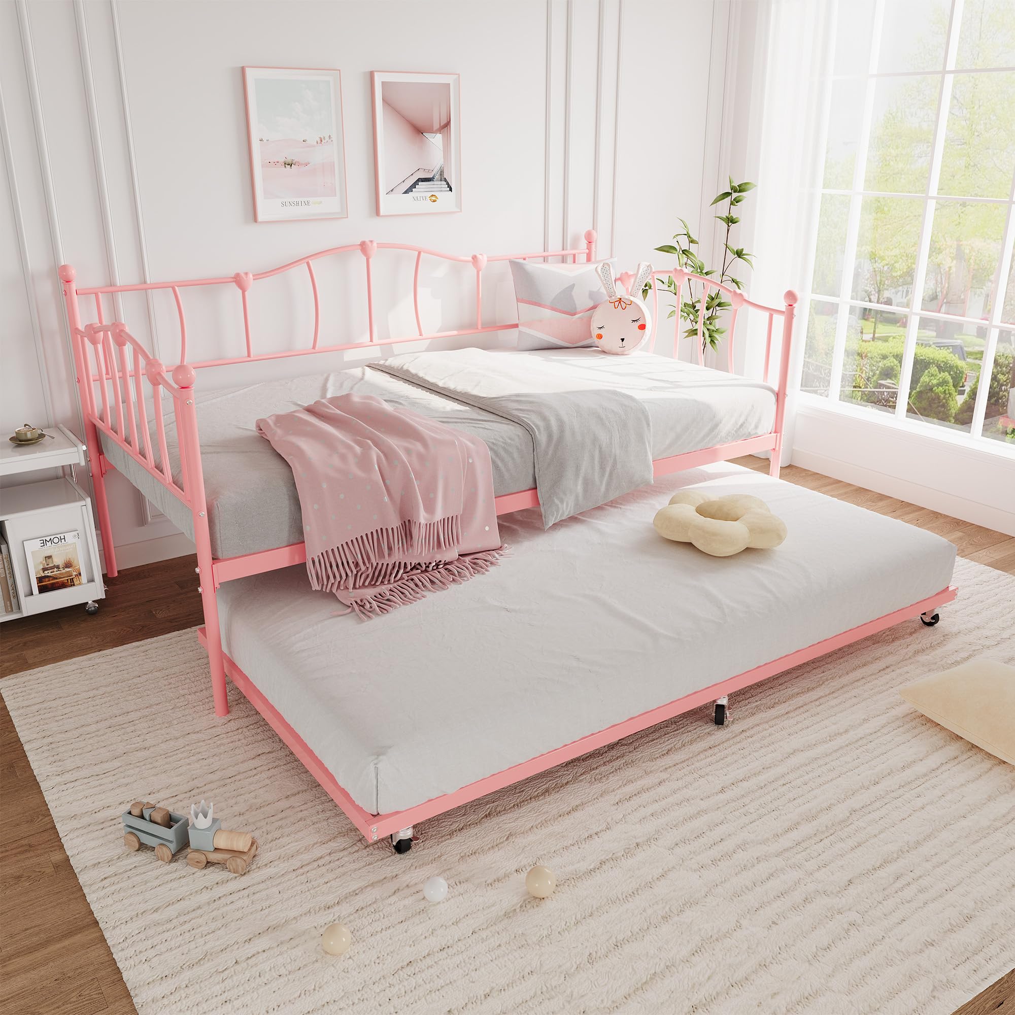 IDEALHOUSE Metal Twin Daybed with Trundle Bed, Twin Size Day Bed with Pullout Trundle and Headboard, Metal Sofa Bed Frame with Steel Slat Support for Living Room, Bedroom, No Box Spring Needed, Pink