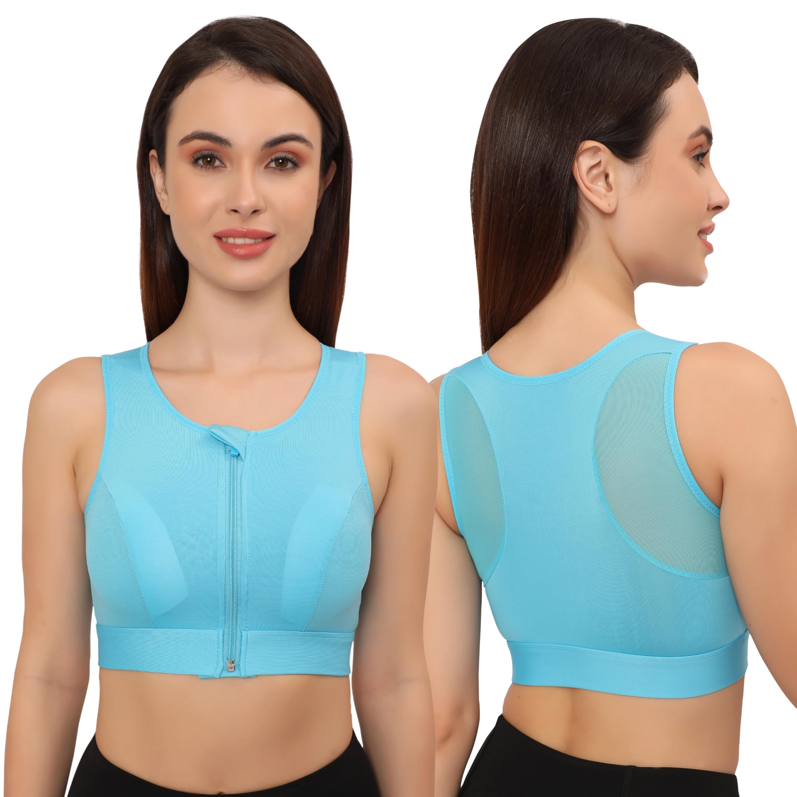 glamoras Women's Wirefree Full Coverage Sports Bra Medium Impact Mesh Racerback Design with Front Zip, Removable Pads Ideal for Gym, Yoga, Fitness Workouts-picture-23