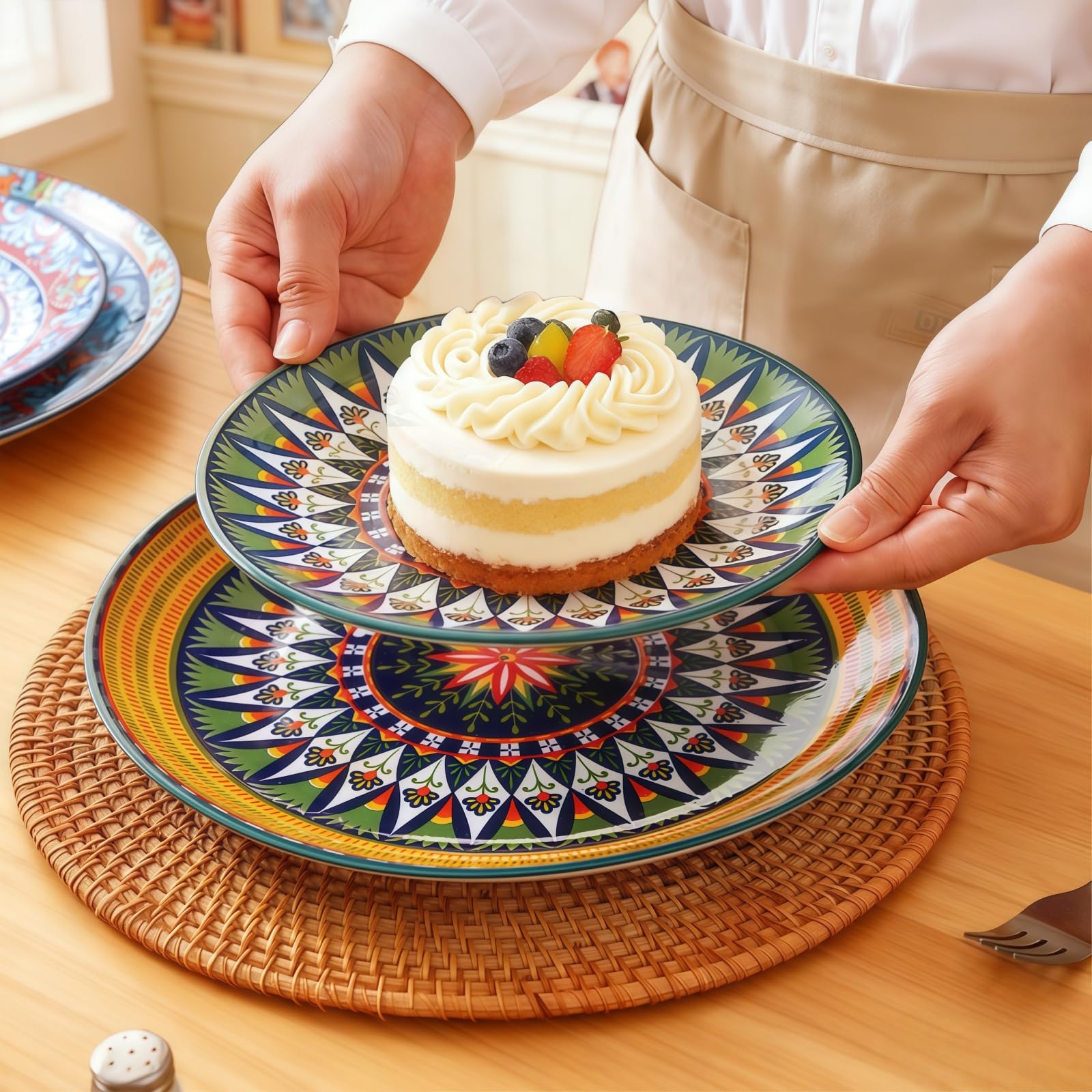 12-Piece Ceramic Plate Set, 10" & 8" Plates, Bohemian Style, for 6 People, Ideal for Gatherings & Festivals, Microwave & Dishwasher Safe, Scratch Resistant