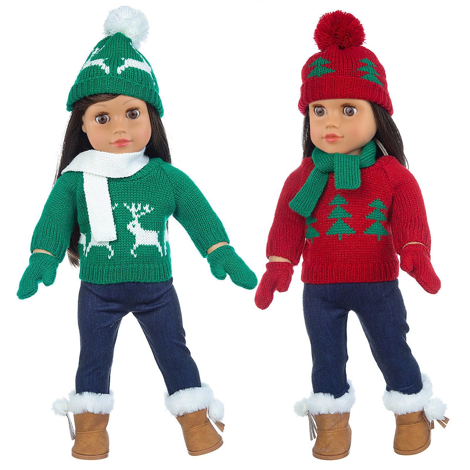 Ecore Fun 2 Sets American 18 Inch Doll Clothes Winter Christmas Outfit and Accessories Including Sweaters Trousers Hats and Scarfs
