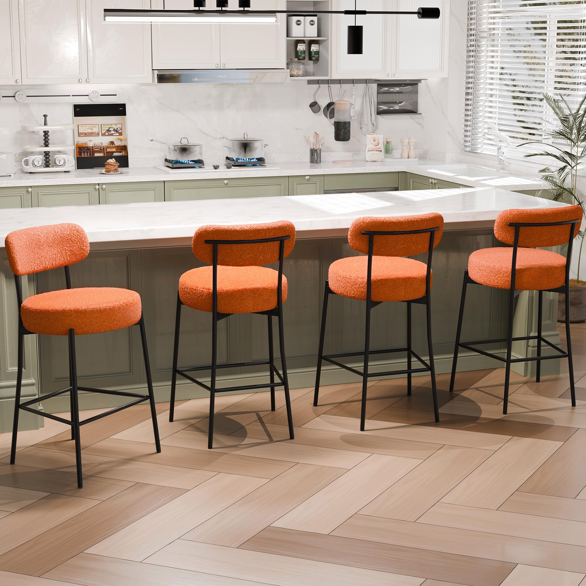 DYHOME Bar Stools Set of 4, Orange 28 Inches Counter Height Bar Stools,Modern Upholstered Boucle Barstools with Back, Modern Metal Tall BarStools for