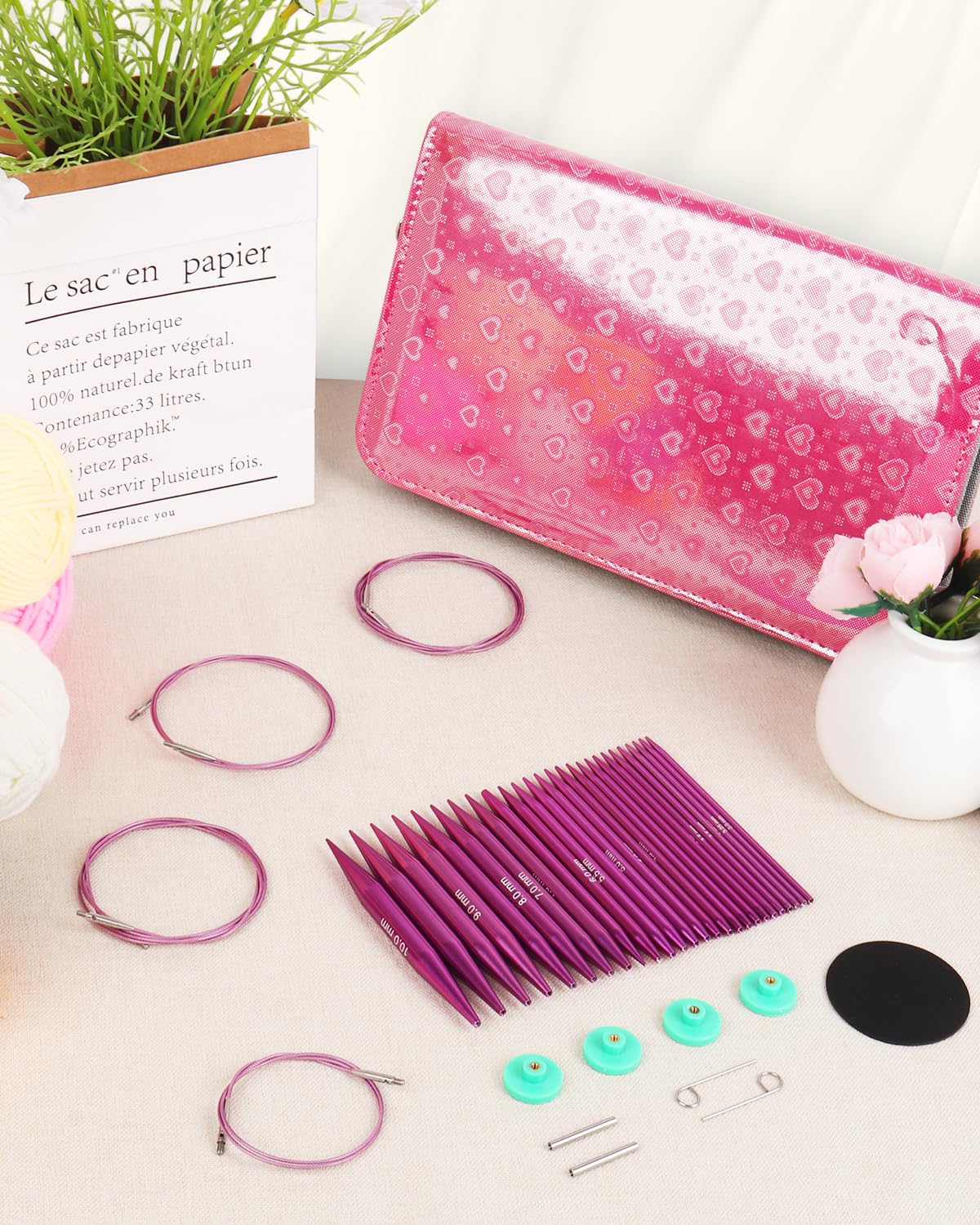 Aeelike Austauschbare Rundstricknadeln Set Metal, 13 Paar 3mm-10mm Stricknadeln, Rundstricknadel Set Austauschbar mit Etui und Zubehör für Strickbegeisterte, Lila Herz