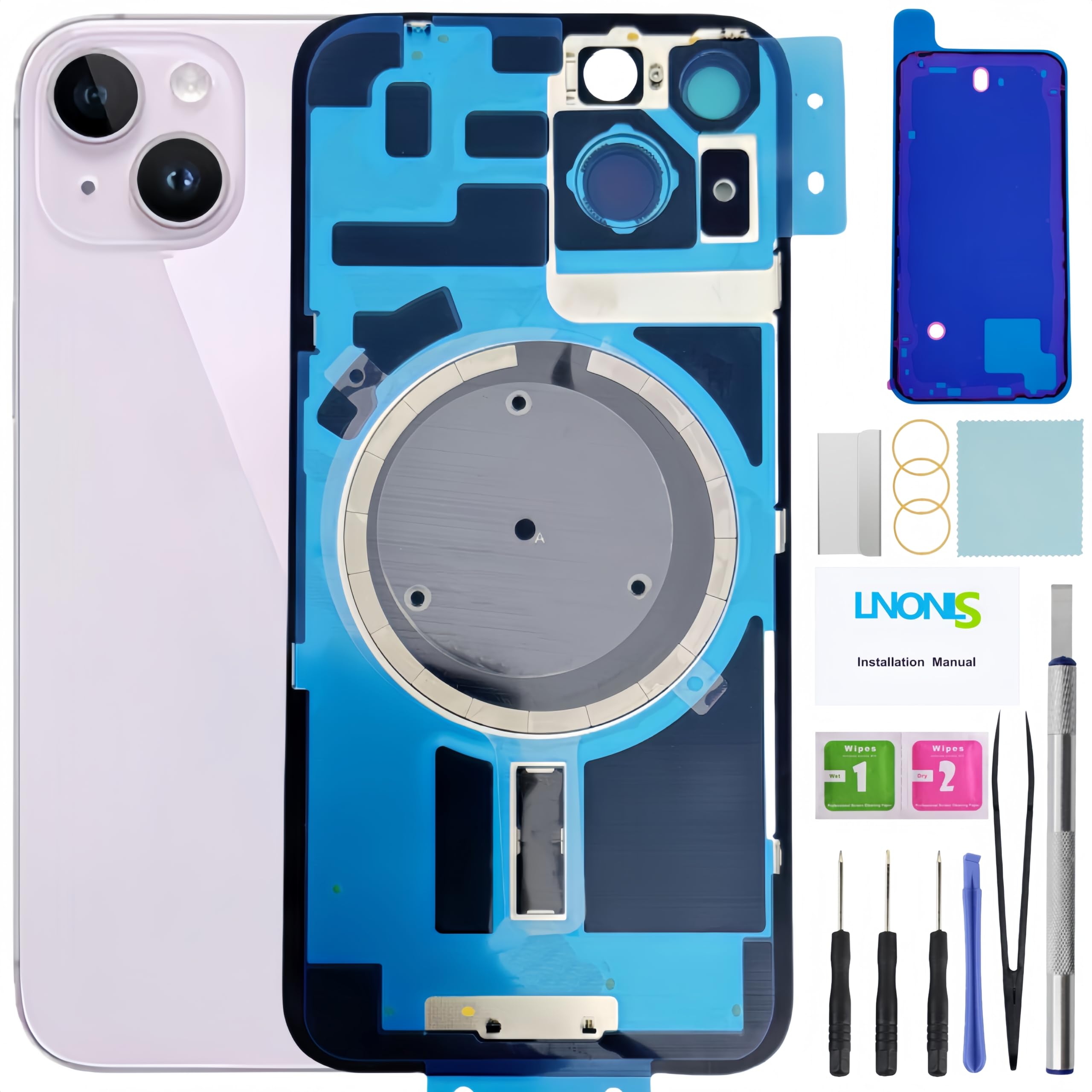 LNONLS 14 Back Glass Replacement for iPhone 14 Rear Back Cover Glass with Waterproof Frame and Camera Lens+Professional Repair Tool Kit (Purple)