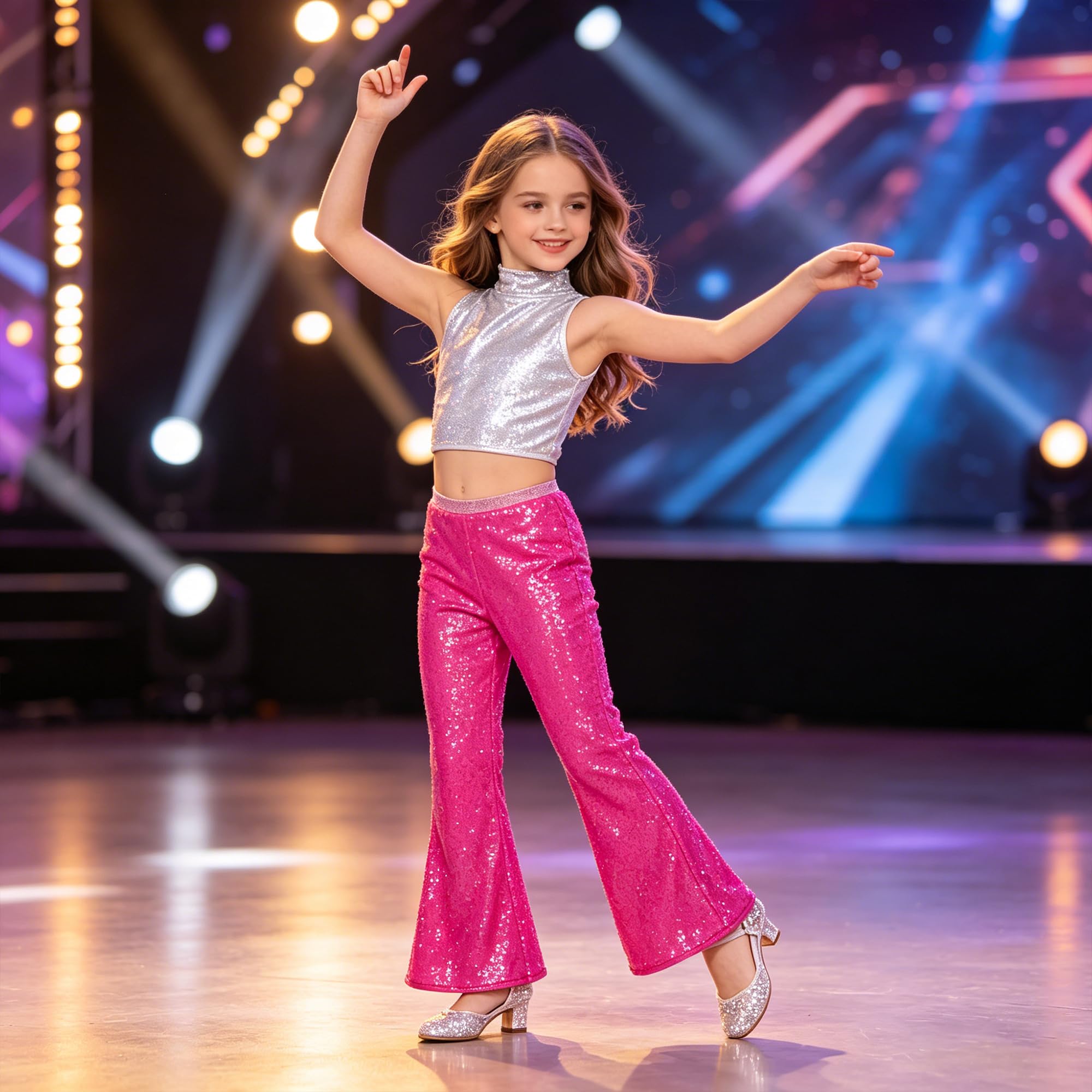 LOLANTA Mädchen-Schlaghose mit Pailletten, glitzernde Glockenhose, elastische Taille, Glitzer, Disco-Tanzhose