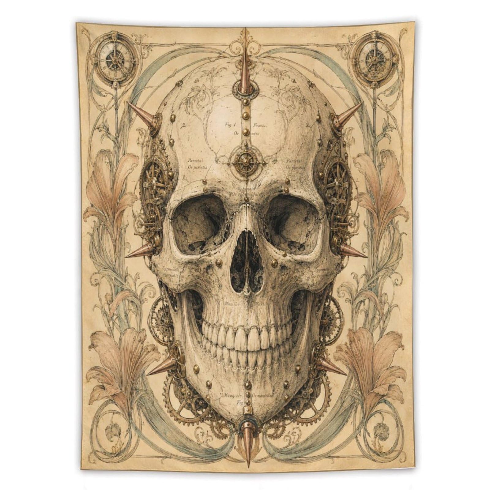 W7C8U2X3 Ornate Skull with Clockwork Wall Tapestry, Ceiling Hanging