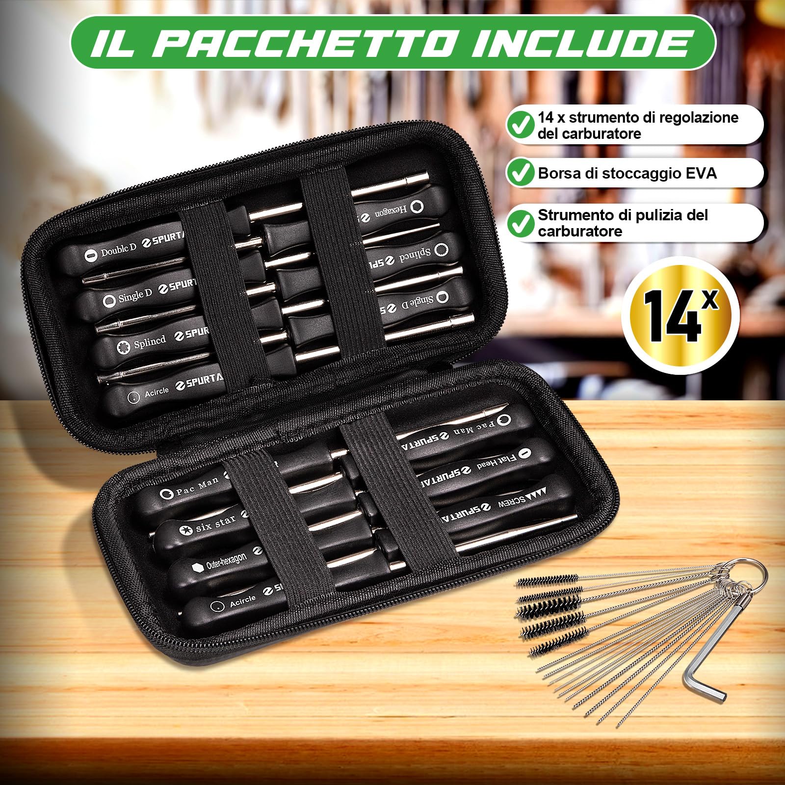 Spurtar Set di attrezzi per la regolazione del carburatore, 14 pezzi, per la pulizia del carburatore Echo STIHL Poulan Husqvarna, strumenti di regolazione del carburatore per piccoli motori per tuning