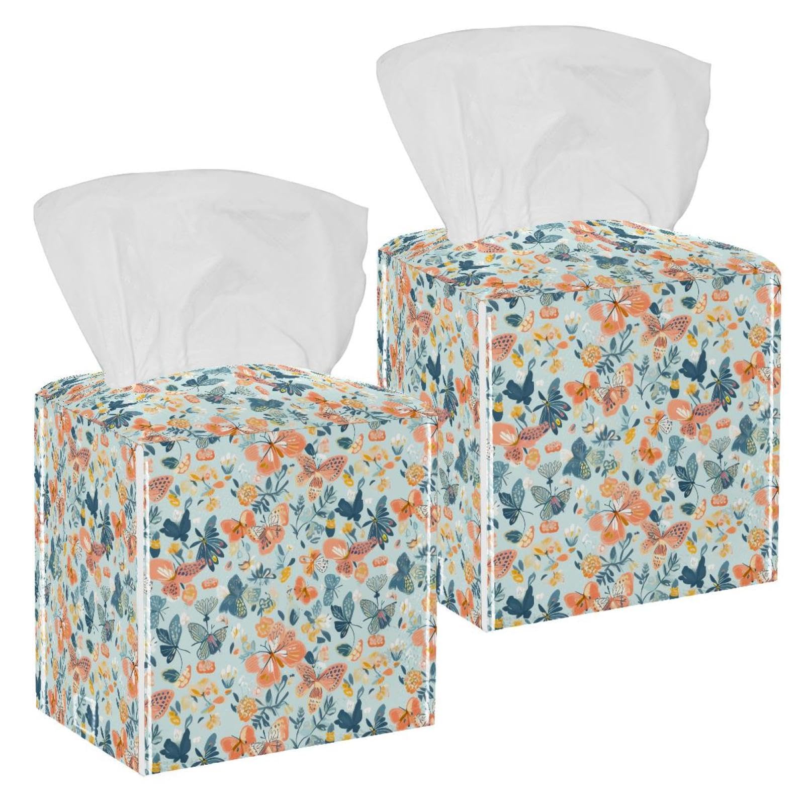 Aesthetic Butterfly Tissue Box Cover, 2 Pack PU Leather Square Facial Tissue Dispenser Box holder for Home Office Car