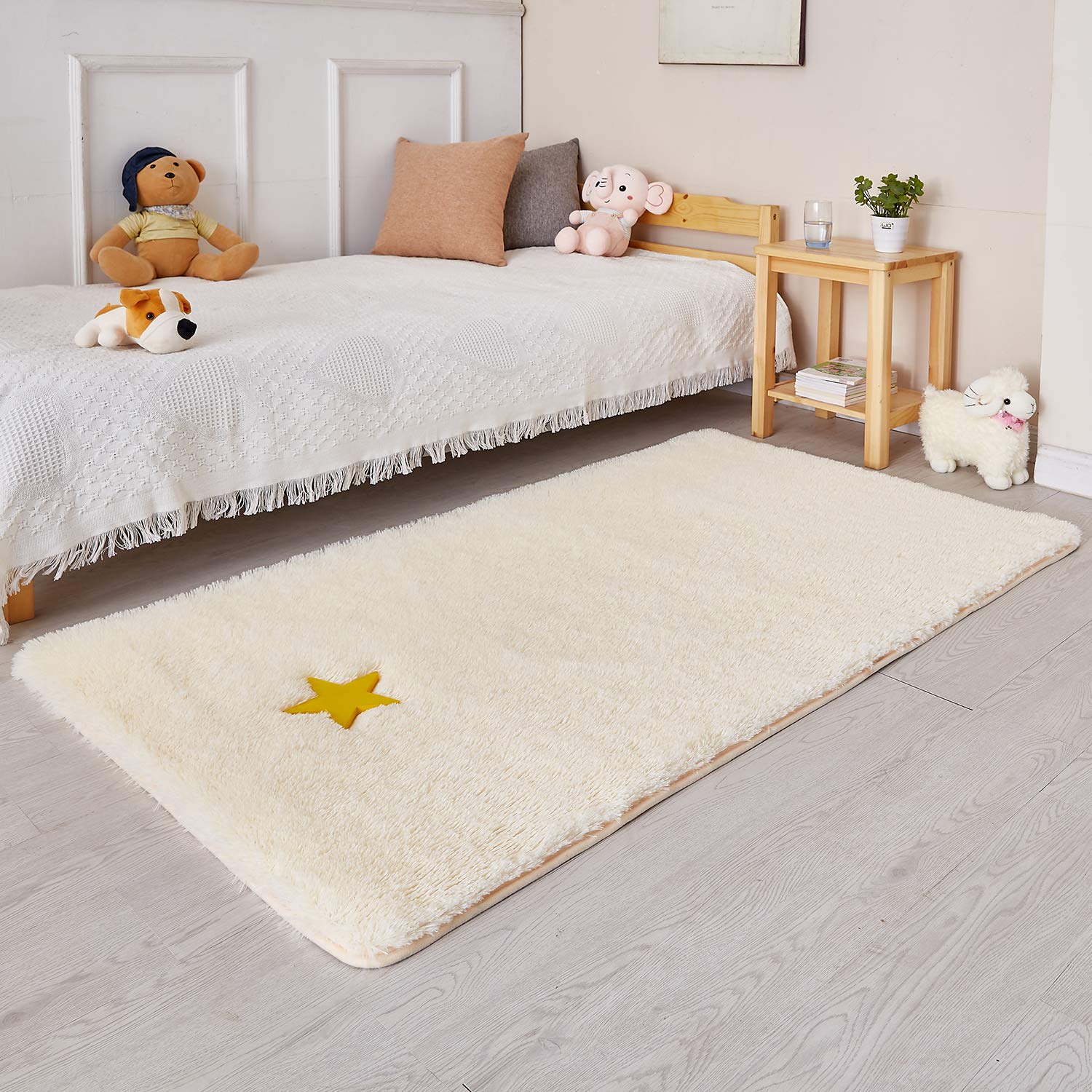 Faint Yellowish White Runner Rug for Bedroom,3'X5',Fluffy Area Rug for Living Room,Bedside Rug for Kids Room,Shaggy Throw Rug for Nursery Room,Fuzzy Plush Rug,White Carpet,Rectangle,Cute Room Decor — image 1