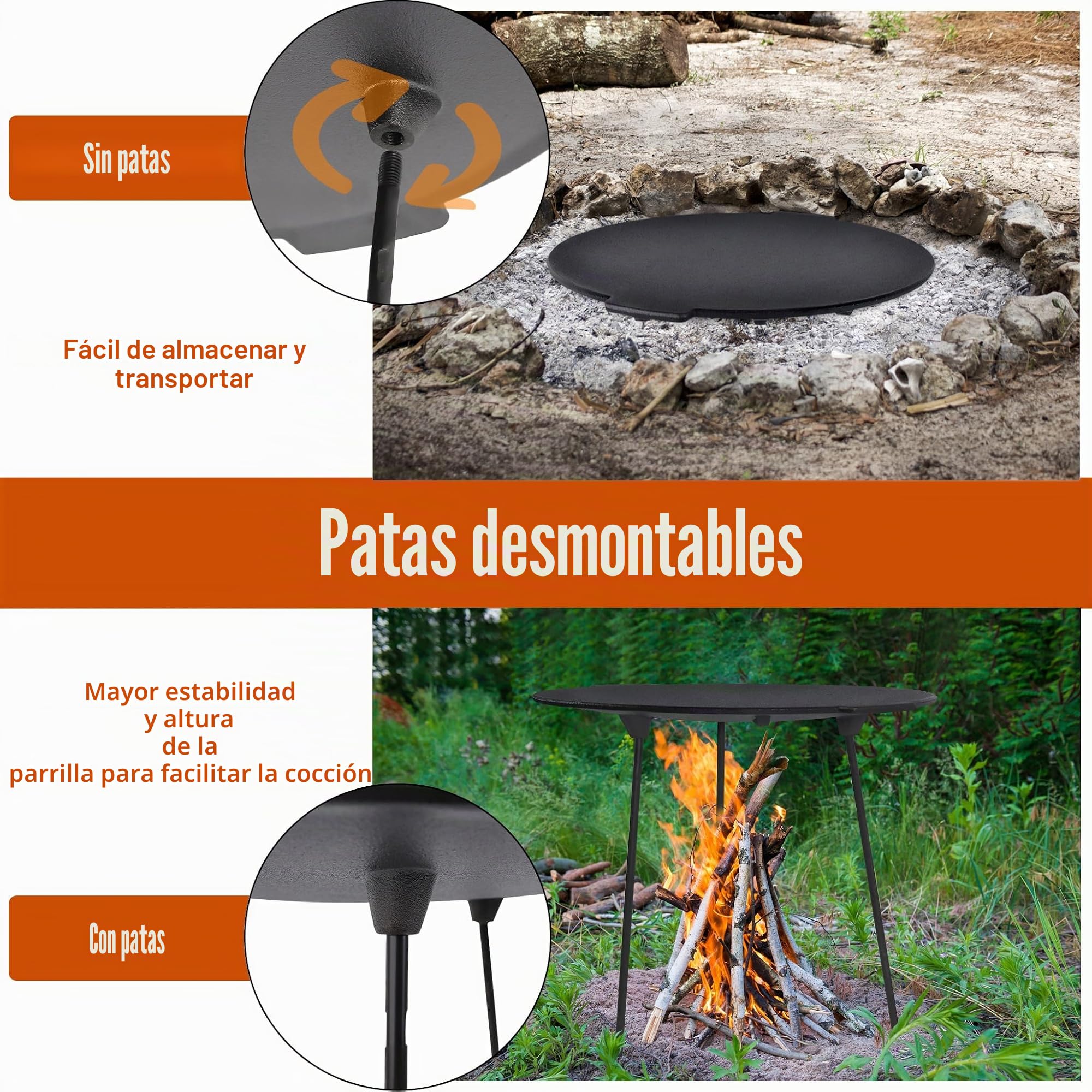 UISEBRT Sartén de hierro fundido para parrilla Ø 45 cm, parrilla redonda de 3 patas, preparada para una cocción perfecta, soporte para horno holandés, incluye bolsa de protección