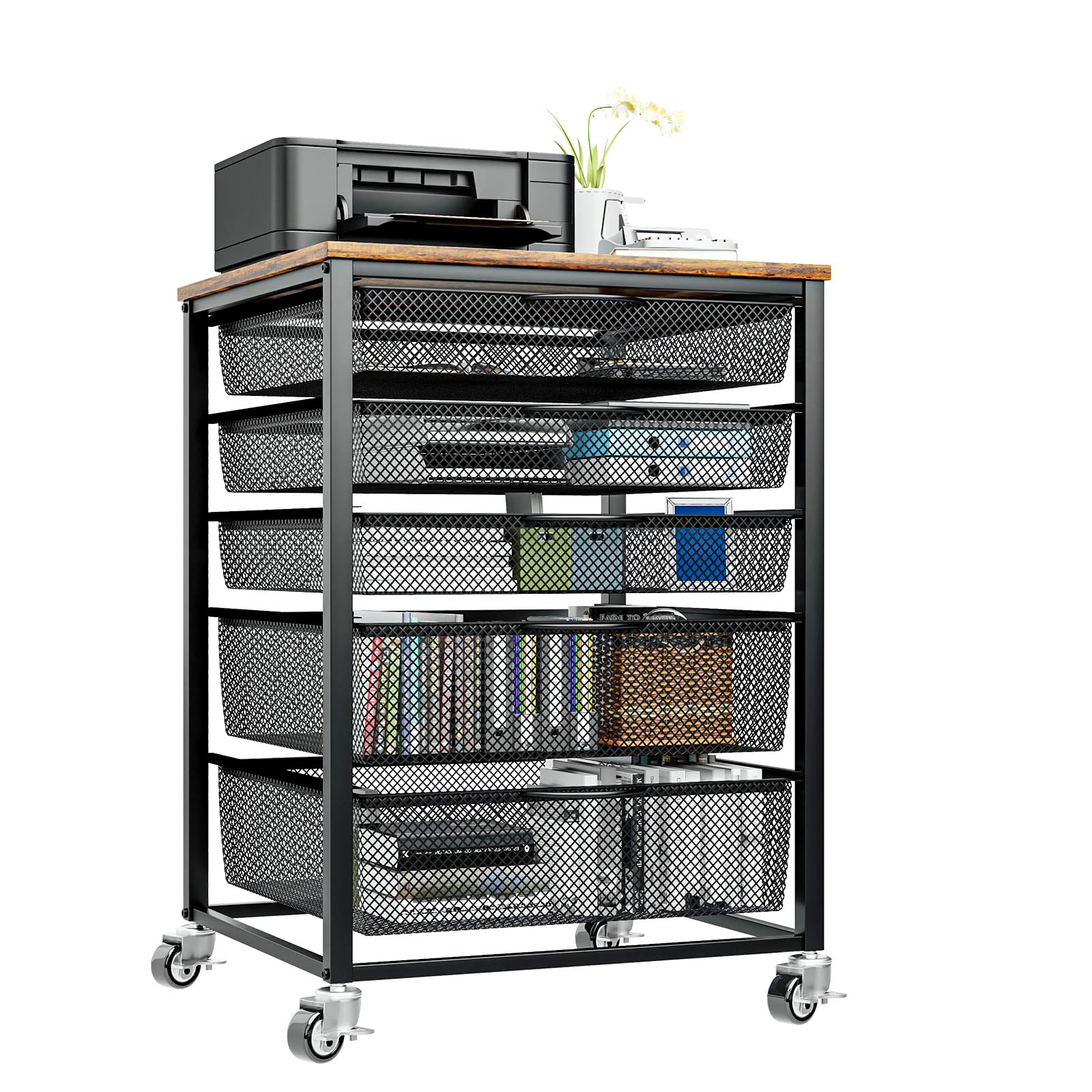 EasyCom5 Drawers Rolling Cart- Storage Organizer Cabinet with Lockable Wheels, Multifunctional Utility File Storage Cart for Home Kitchen Living Room Office Supplies-Rustic Brown