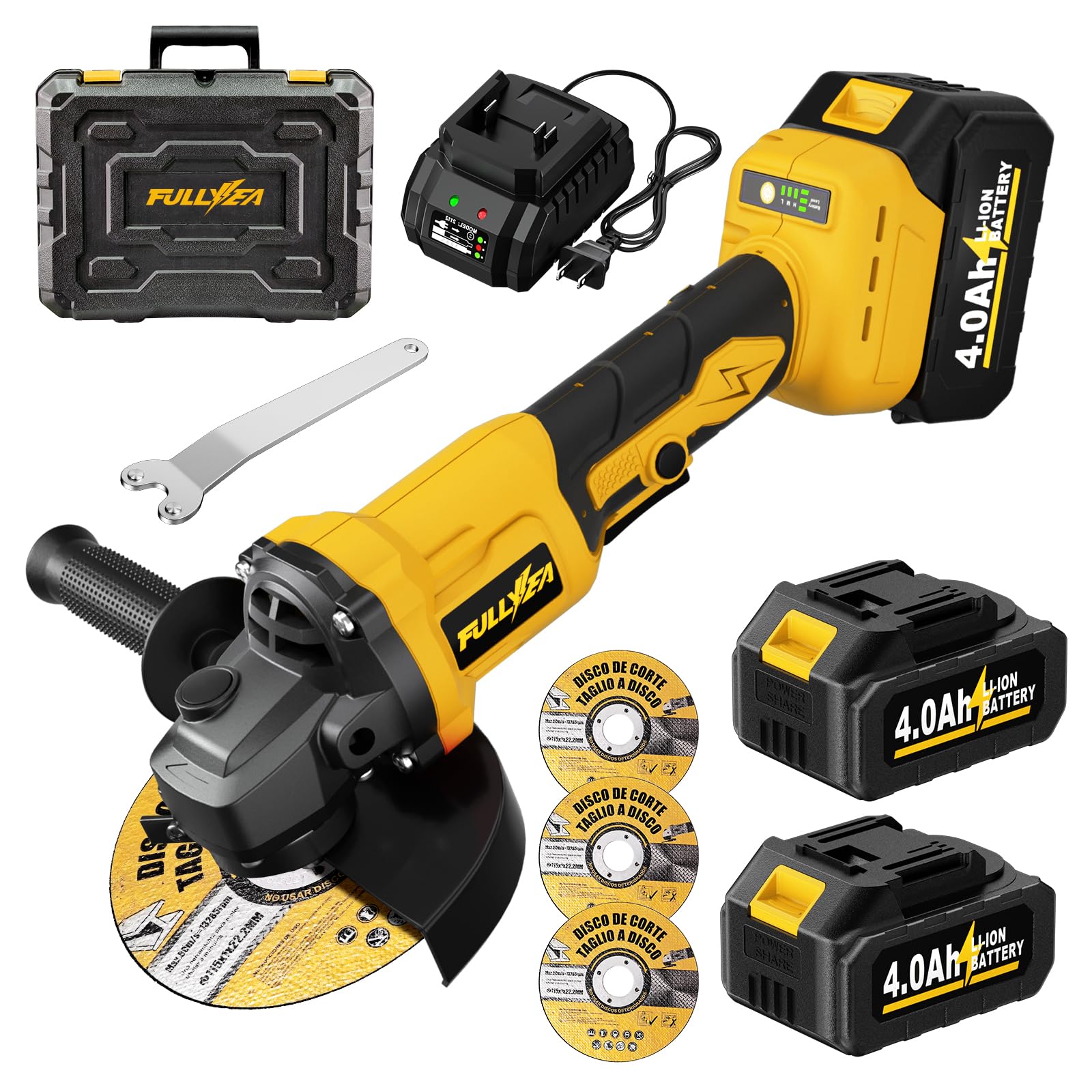 FULLYEA Cordless Angle Grinder 4-1/2", Brushless Angle Grinder Tool 12000 RPM, Power Angle Grinders with 2 * 4.0Ah Batteries & Charger, Electric Metal Grinder Kit for Cutting, Grinding (Yellow)