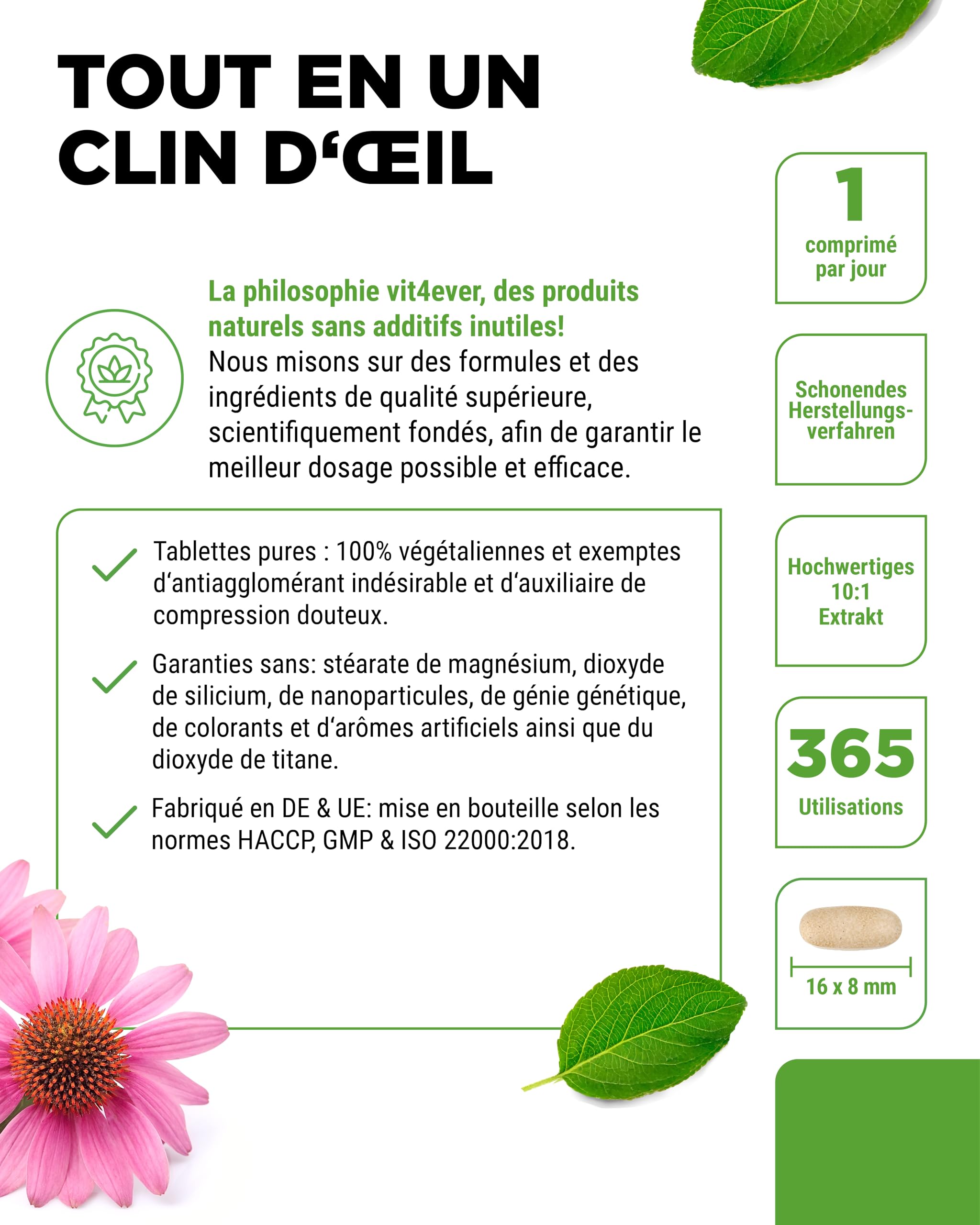 Échinacée 500 mg - 365 comprimés végétaliens - Extrait naturel d'échinacée 10:1 - Hautement dosé - Sans additifs indésirables - Végétalien