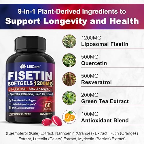 Miniatura 6 de Suplemento de fisetina - Super absorción liposomal 98% pura 1200 mg con quercetina, resveratrol, extracto de té verde para un envejecimiento