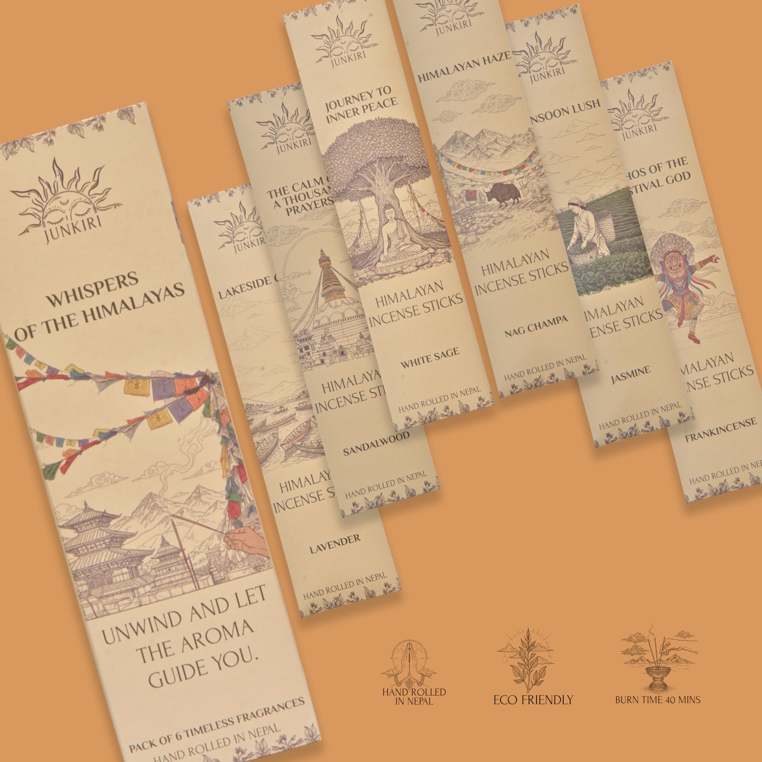 Incenso Nepalese Fatto a Mano, Set di 6 fragranze, 90 bastoncini, Nag Champa, Lavanda, Sandalo, Gelsomino per meditazione, guarigione, aromaterapia, relxazione, vibrazioni positive, incenso Himalayano