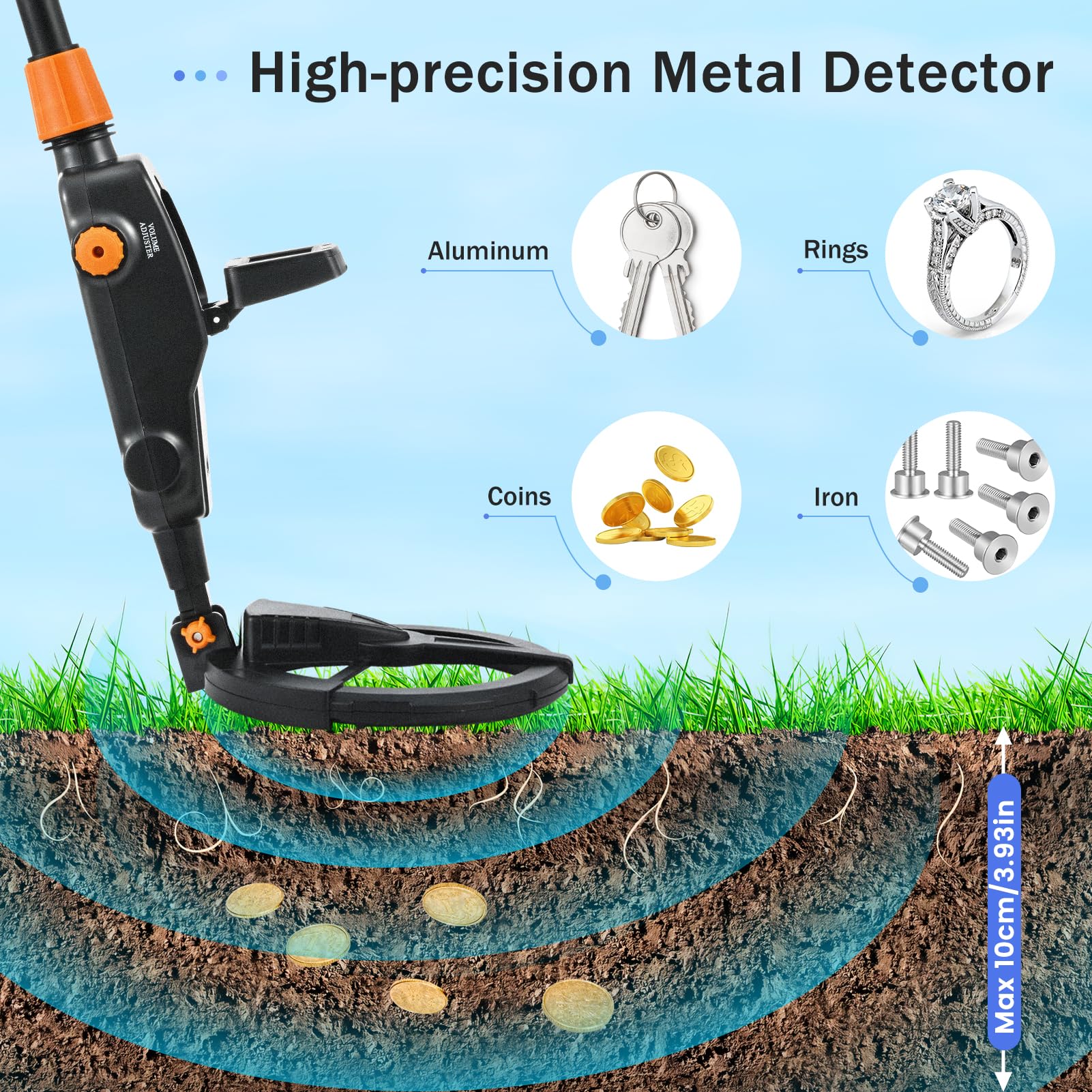 Detecteur de Metaux Enfants, Détecteur de Métaux Léger pour Enfants avec Écran LCD et Son, Bobine étanche IP68, Detecteur Metaux Enfant de Haute Précision avec Râteau, Pelle, Sac à Dos