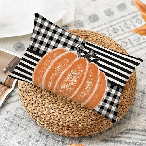 Miniatura 2 de Fukeen Fundas de almohada de calabaza de otoño de 12 x 20 pulgadas, diseño de búfalo blanco y negro, a rayas, calabazas naranjas, cosecha de otoño,
