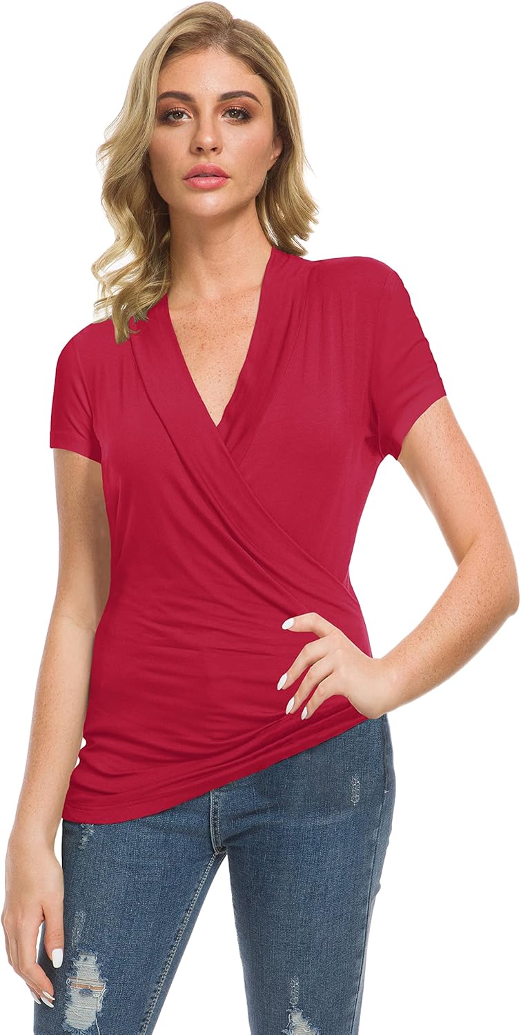 Afibi Women's Deep V Neck Short Sleeve Unique Slim Fit Cross Wrap Shirts Blouse Tops - Image 4