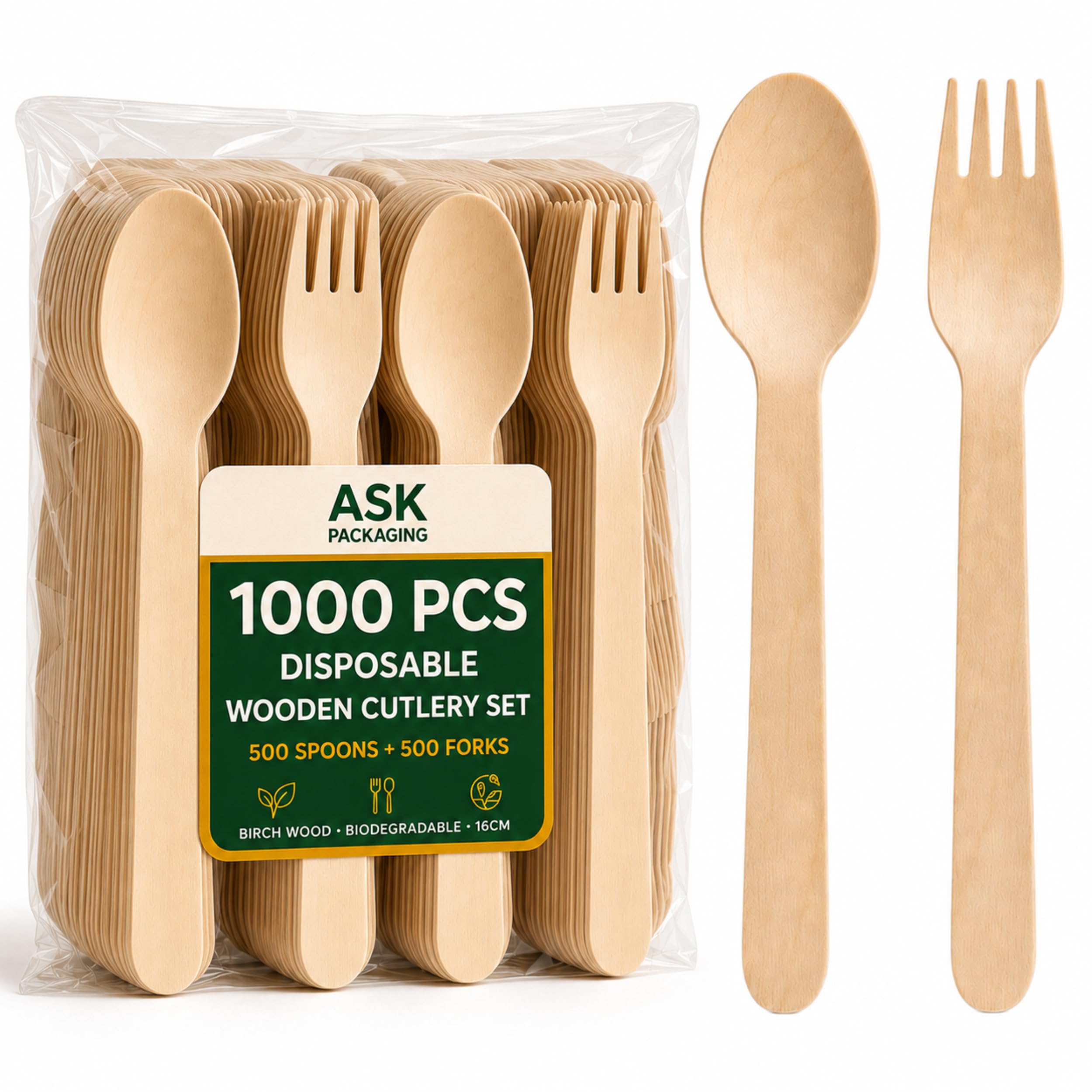 1000x Wooden Cutlery (500x Spoons, 500x Forks) Birchwood Disposable Cutlery