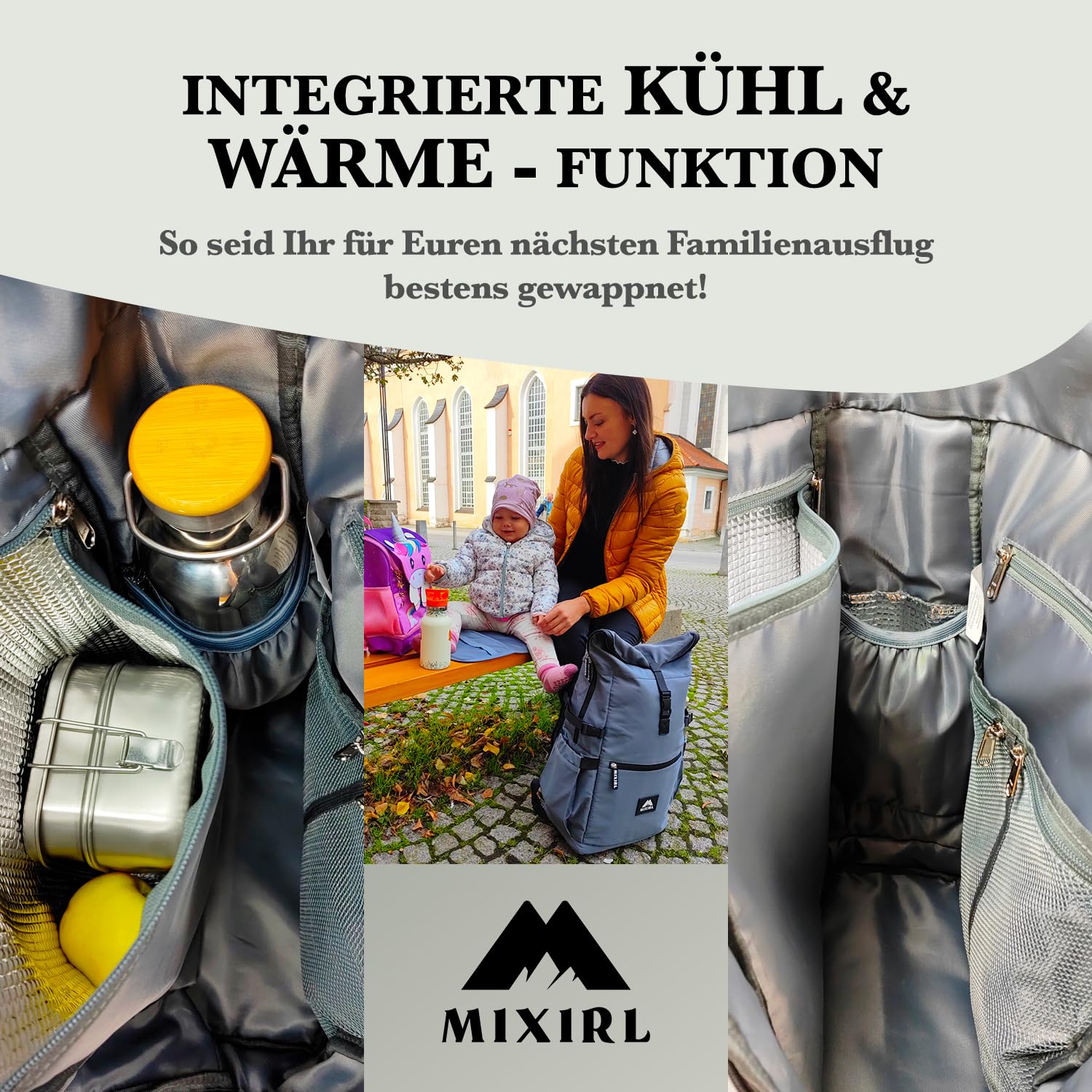 Baby Wickelrucksack stylische Wickeltasche mit Wickelunterlage | Rolltop Rucksack Groß & Kinderwagenbefestigung für unterwegs - ideal für jede Mama