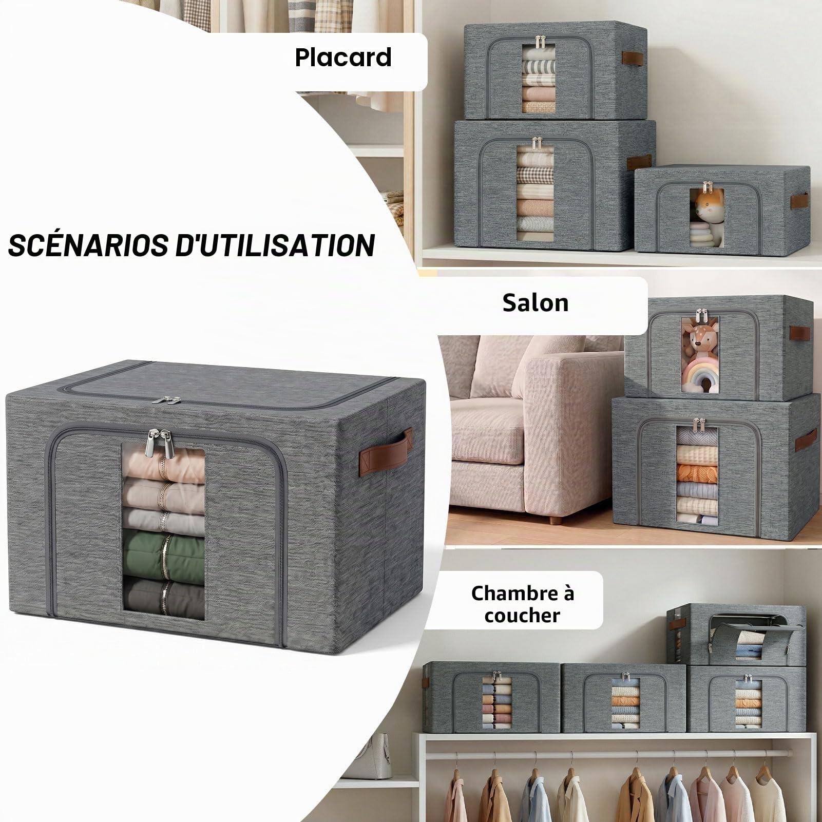 Boite Rangement Vetement Pliable: Sac de Empilables avec Cadres Métal pour le Organisateur des Vêtements des Draps dans les Placard (Gris, 3x24L)