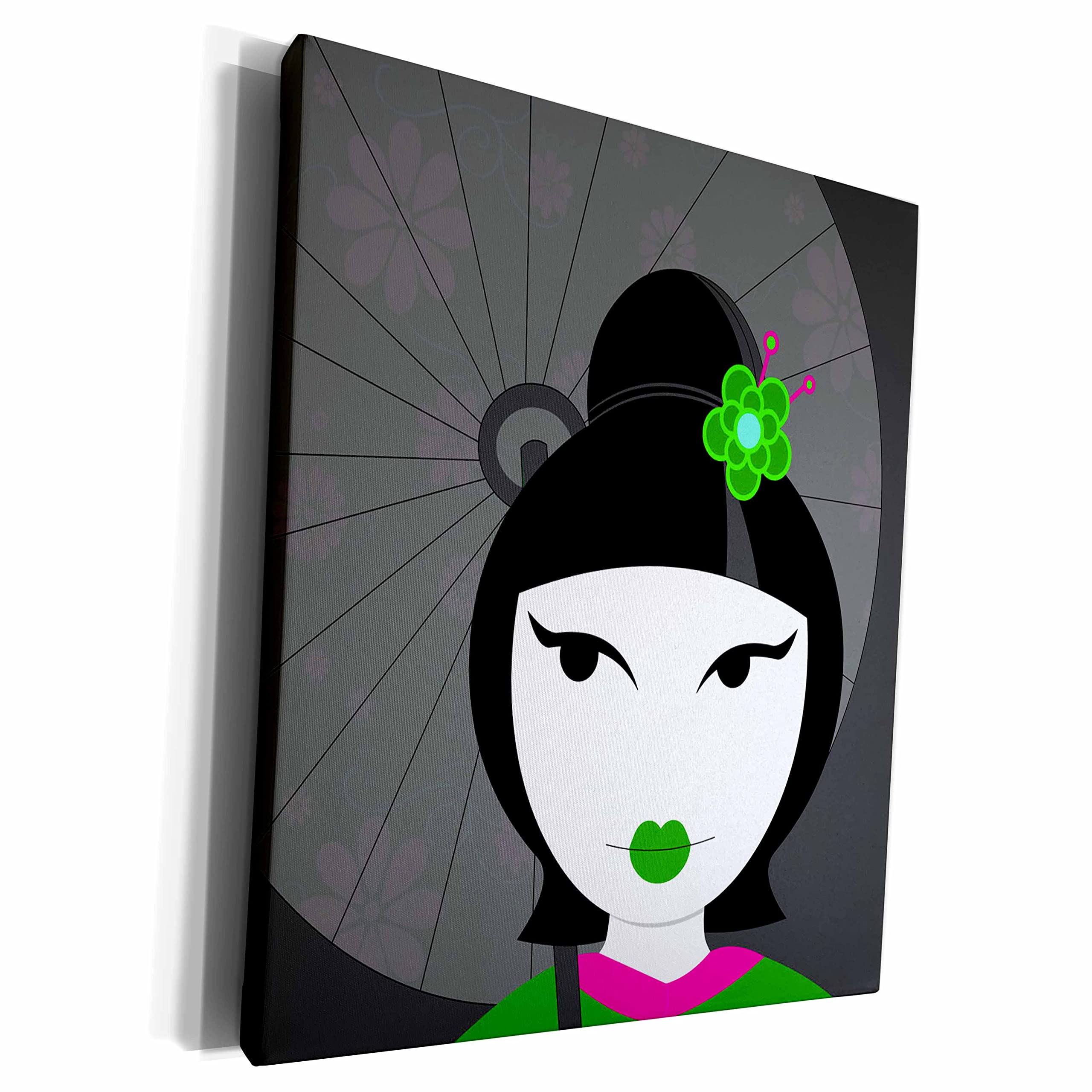 3dRose3dRose Cute Geisha Girl with Umbrella - Green and Pink - Museum Grade Canvas Wrap (cw_57096_1)