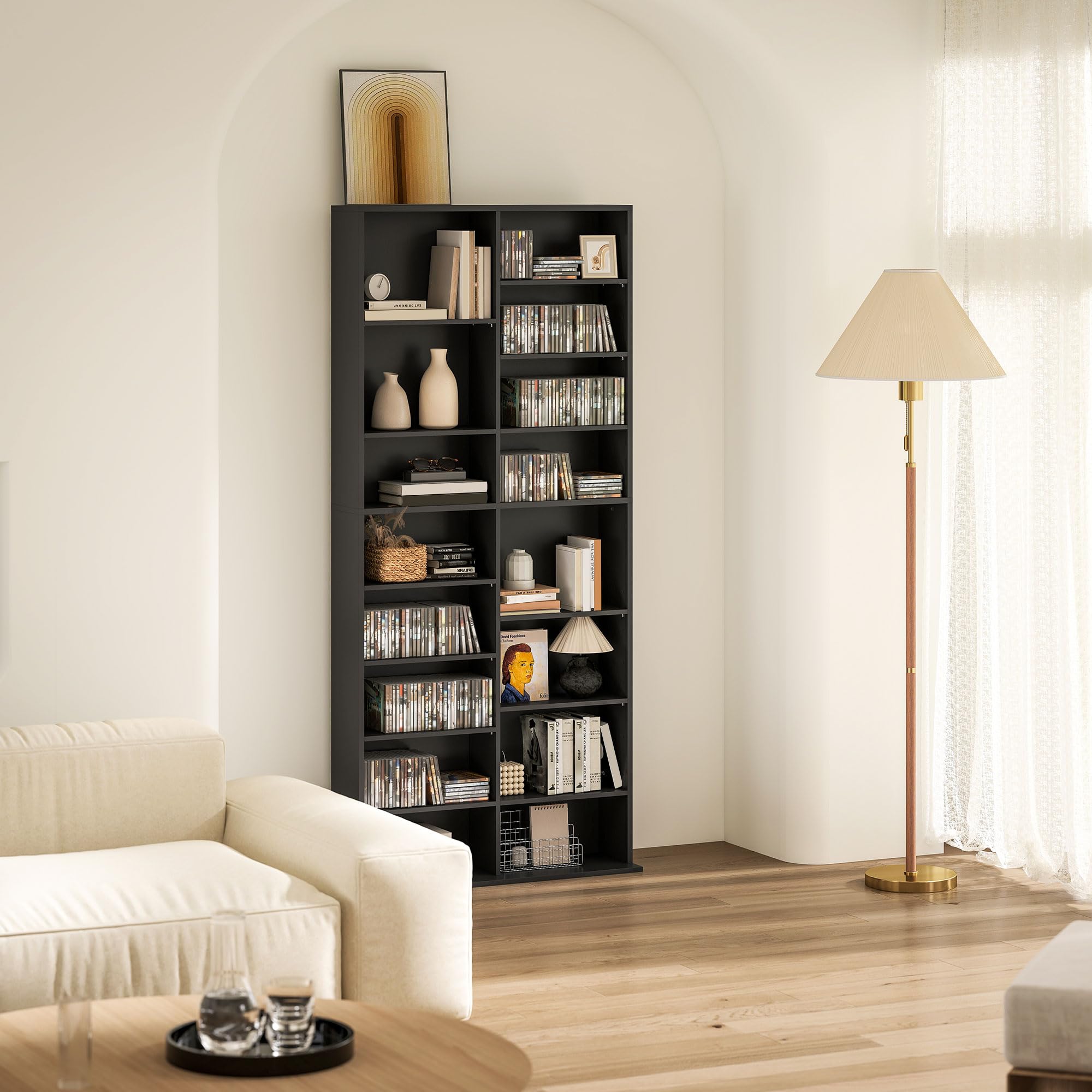 HOMCOM Unidad de Almacenamiento de 640 CD/360 DVD, Estante de Almacenamiento Multimedia BLU-Ray con 18 Compartimentos y 14 estantes Ajustables, Torre de CD para Sala de Estar, Dormitorio, Oficina