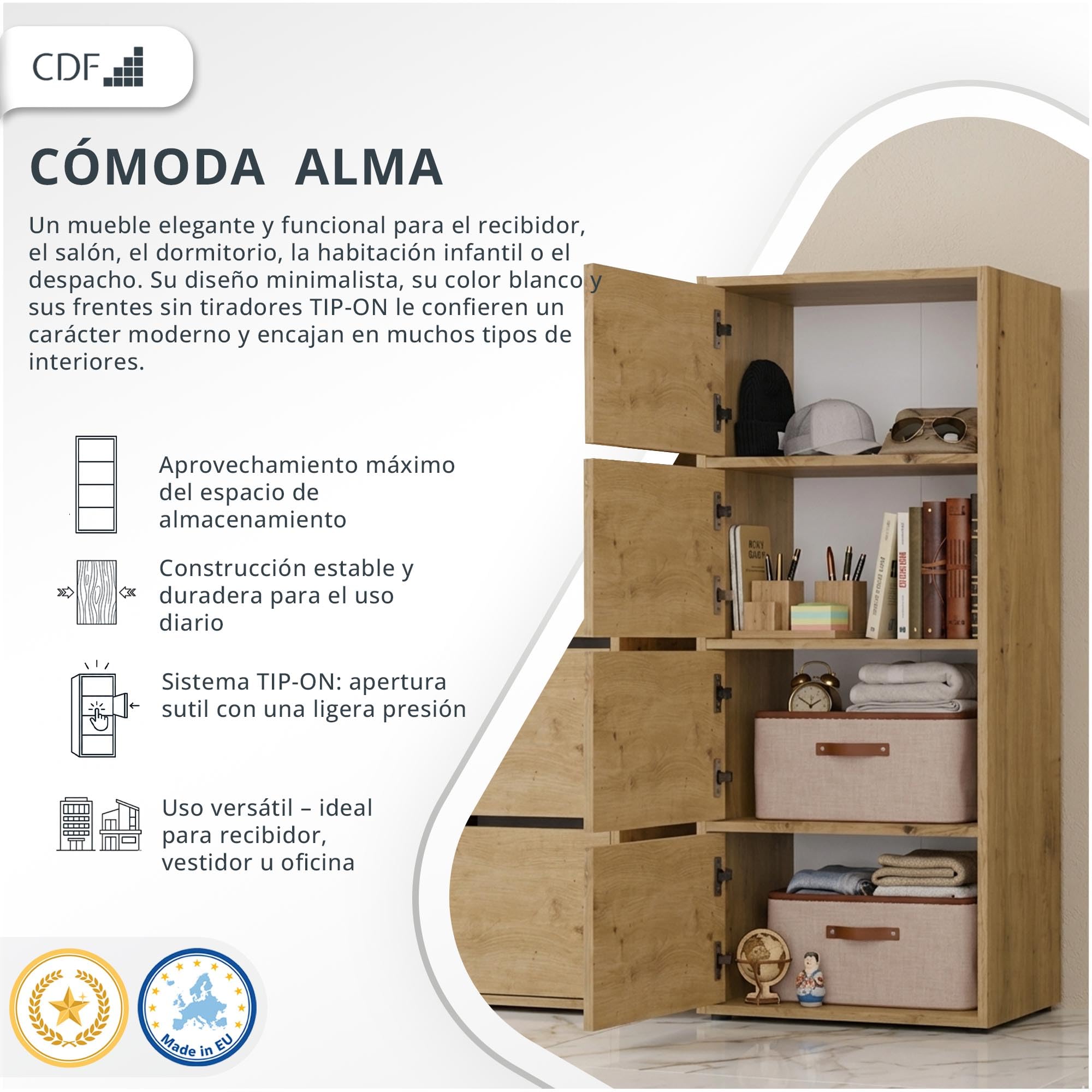CDF Aparador Alto Armario 4 Puertas 50 cm estantes salón Dormitorio Pasillo Entrada Oficina Columna cajonera estantería Multiusos Ahorra Espacio Mueble cómoda Highboard Entrada sin Tiradores Roble