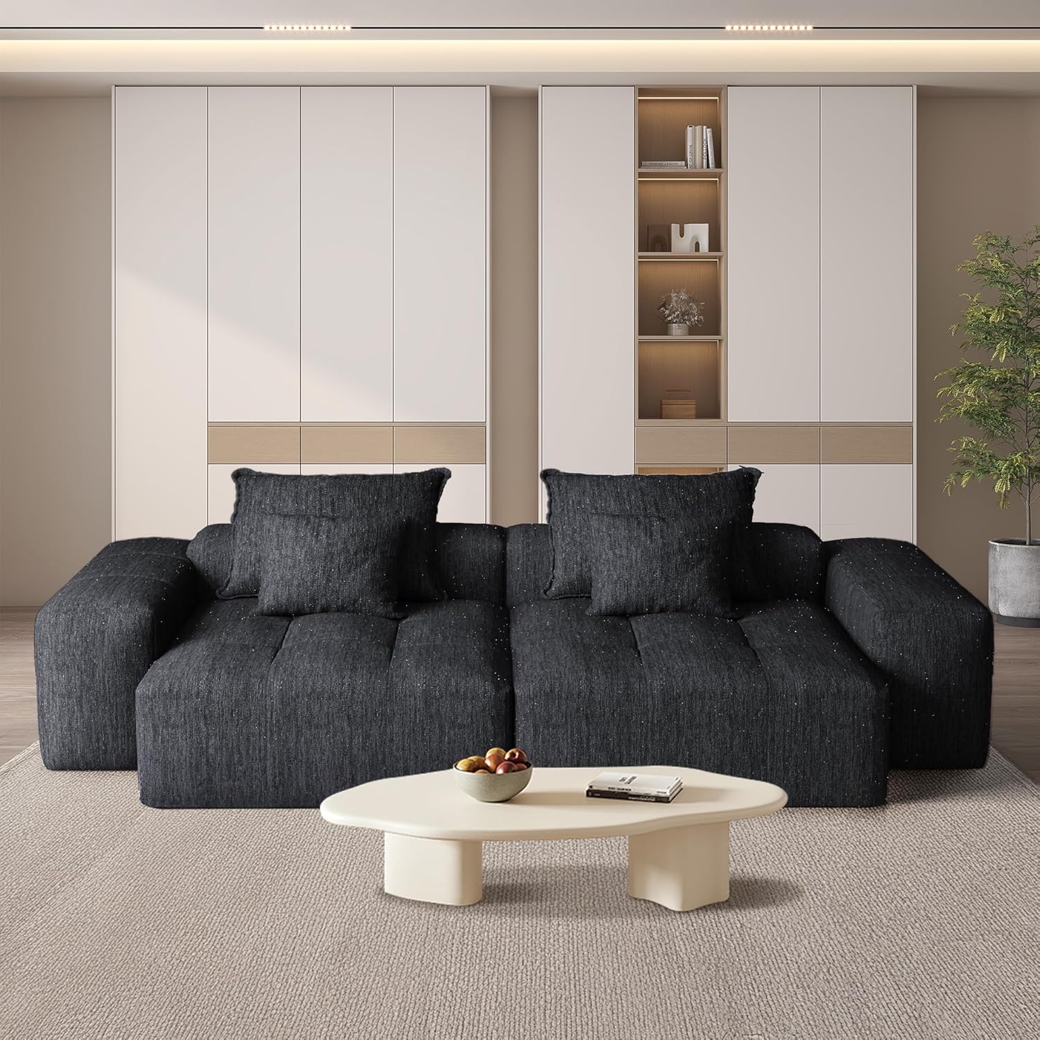 Sectional Couches for Living Room, Oversized Modular Cloud Couch, No Assembly Boneless Sofa, Sparkling Chenille Sofa (Black, 2 Seats)