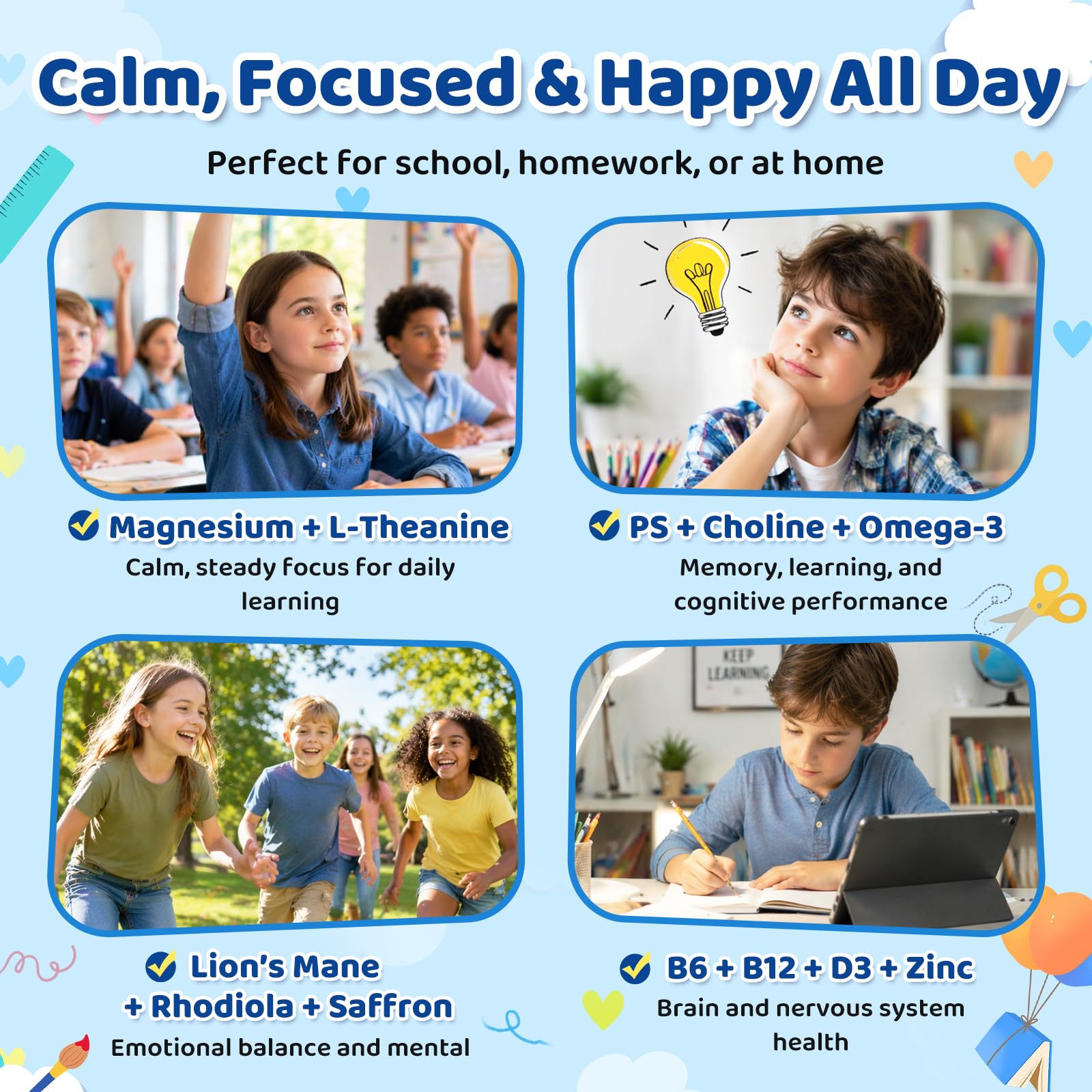 Kids Focus & Memory Gummies with Magnesium Glycinate, Phosphatidylserine & Choline - Support Brain, Attention & Focus for Kids, Learning & Cognitive Development – Sugar Free Strawberry 60 Gummies — Amazon image 5
