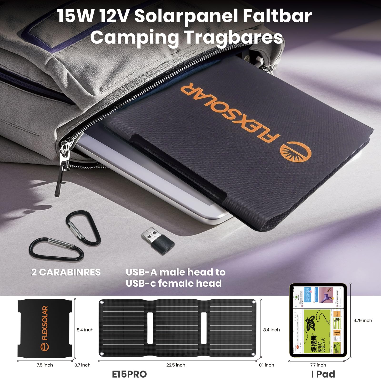FlexSolar Ładowarka do panelu słonecznego 15 W, wodoszczelna, IP67, monokrystaliczny panel słoneczny z portem USB-A, na kemping, do plecaka, kompatybilny z telefonami komórkowymi, iPhone'ami