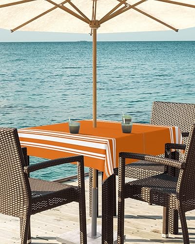 Miniatura 3 de Queenker Mantel de otoño para exteriores con agujero para paraguas, mesas cuadradas de rayas naranjas y blancas con cremallera, impermeable,