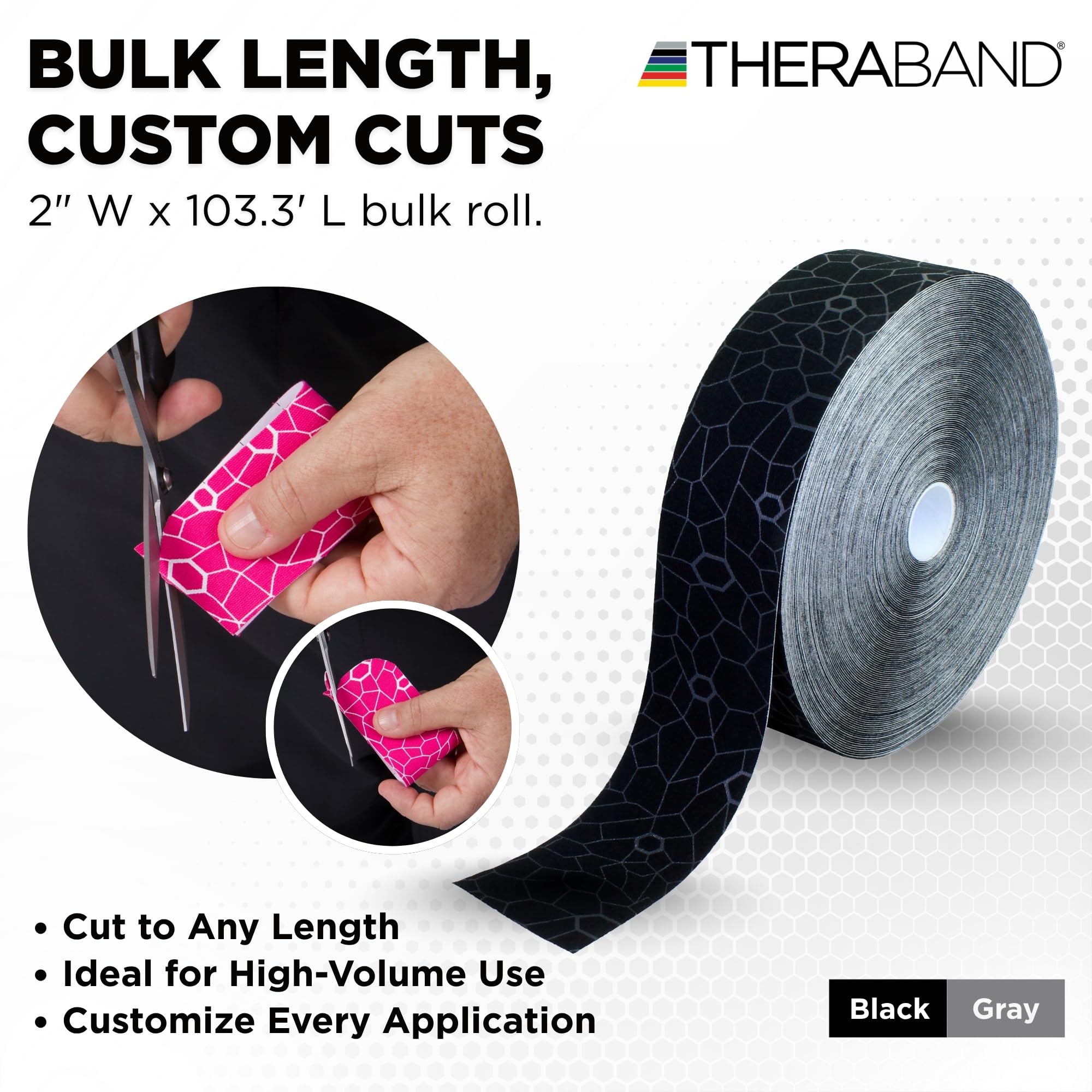 Theraband Kinesiologie-Tape, wasserdichtes Physio-Tape zur Schmerzlinderung, Muskel- und Gelenkunterstützung, Standard-Rolle mit XactStretch Applikationsanzeigen, 5,1 cm x 30,3 m, Schwarz/Grau