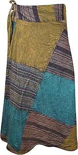 Mogul Interior Wrap Around Skirts Cotton Green Blue Patchwork Midi Skirts One Size
