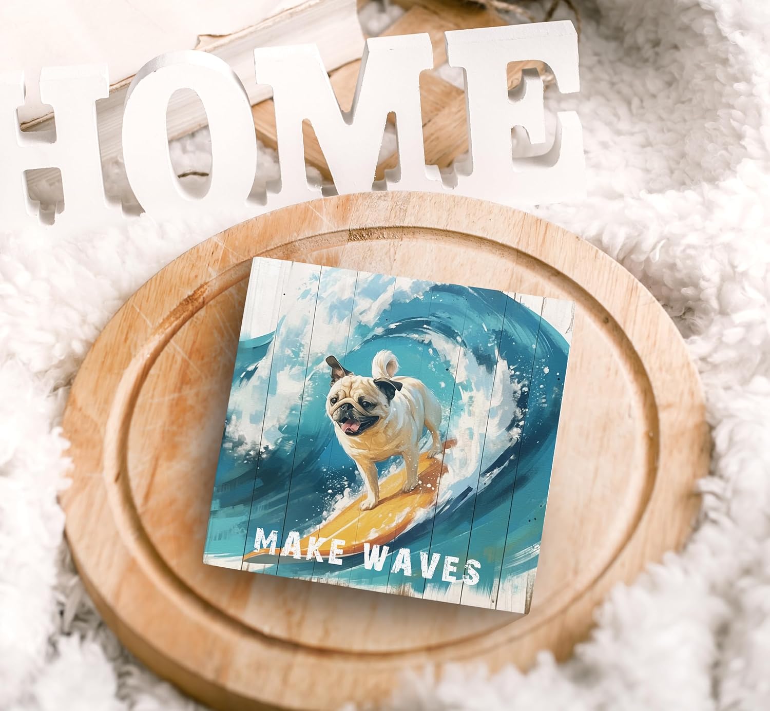 SRADMO Funny Pug Dog Surfing Wood Box Sign Desk Decor, Beach Room Decors, Pug Dog Decoration, Dog Beach Theme Wooden Block Box Sign Decoration for Home Shelf Table Decor image 5