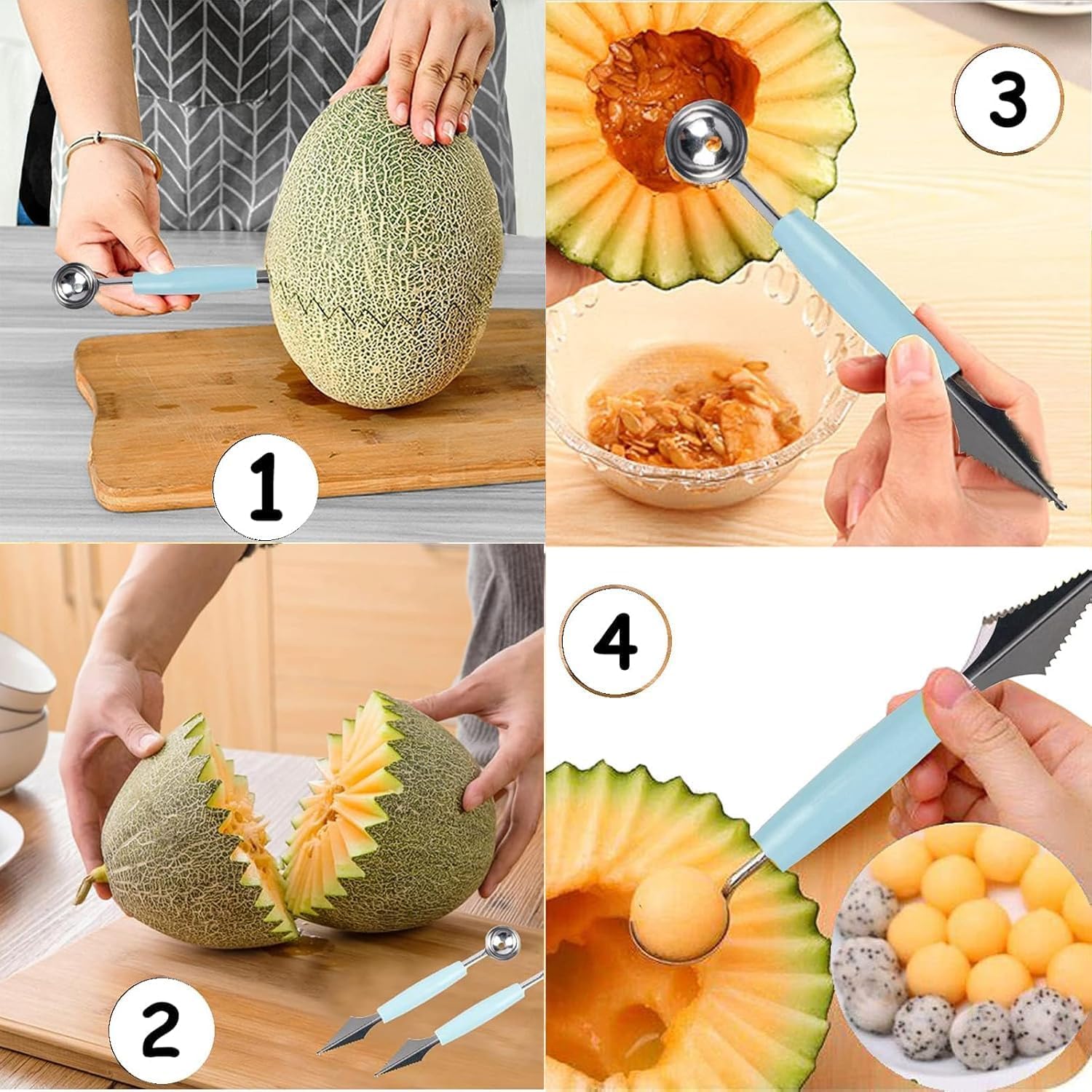 cortador de fruta 3 en 1, tenedor para melón de doble punta de acero inoxidable y cortador para sandía y frutas de verano (verde)