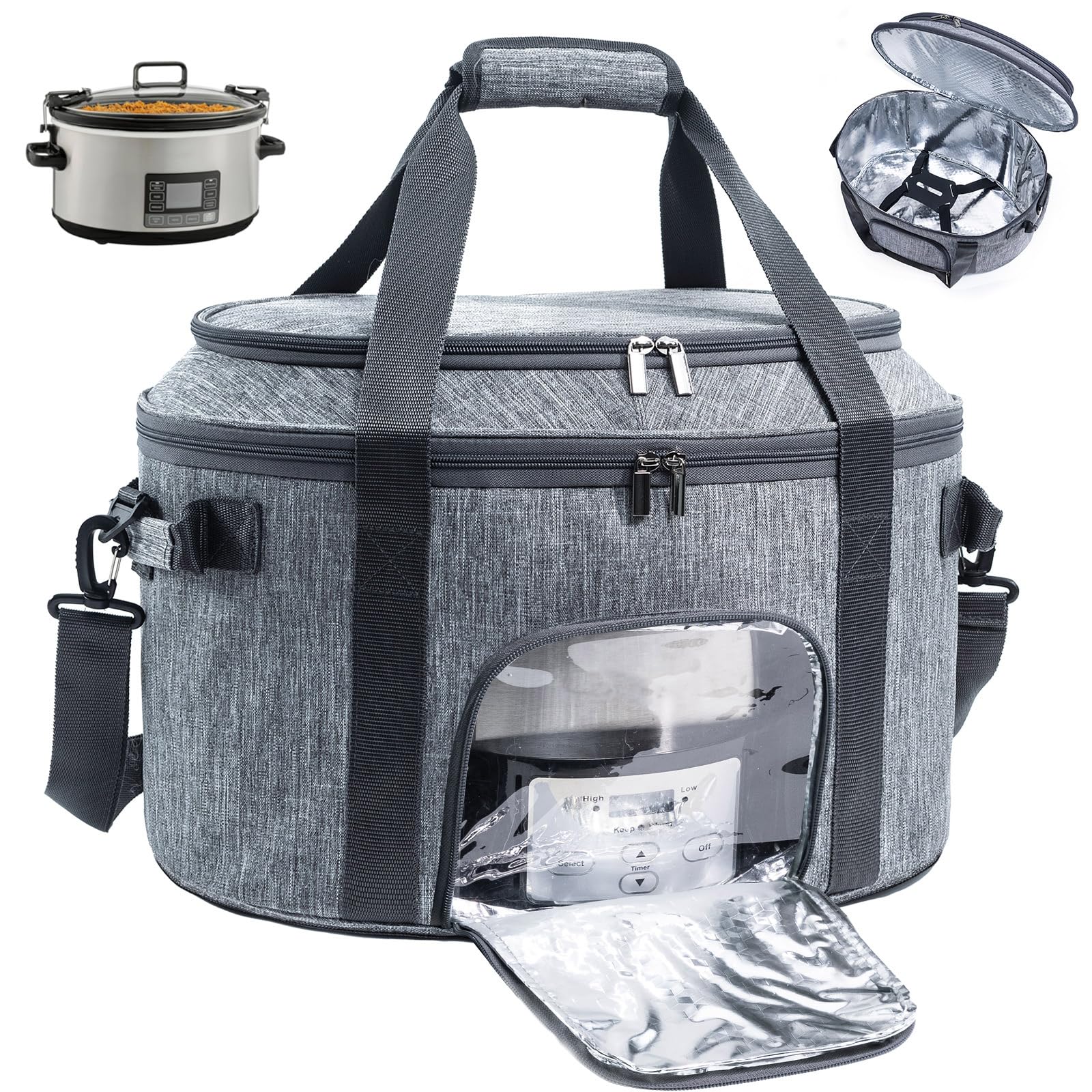 Double-Layer Slow Cooker Carrying Bag for 6-8 Quart CrockPot and Hamlton Beach Slowcooker, Travel Bag with Lid Fastener for Crock-pot, Portable Carrier with See-throught Window(BAG ONLY)