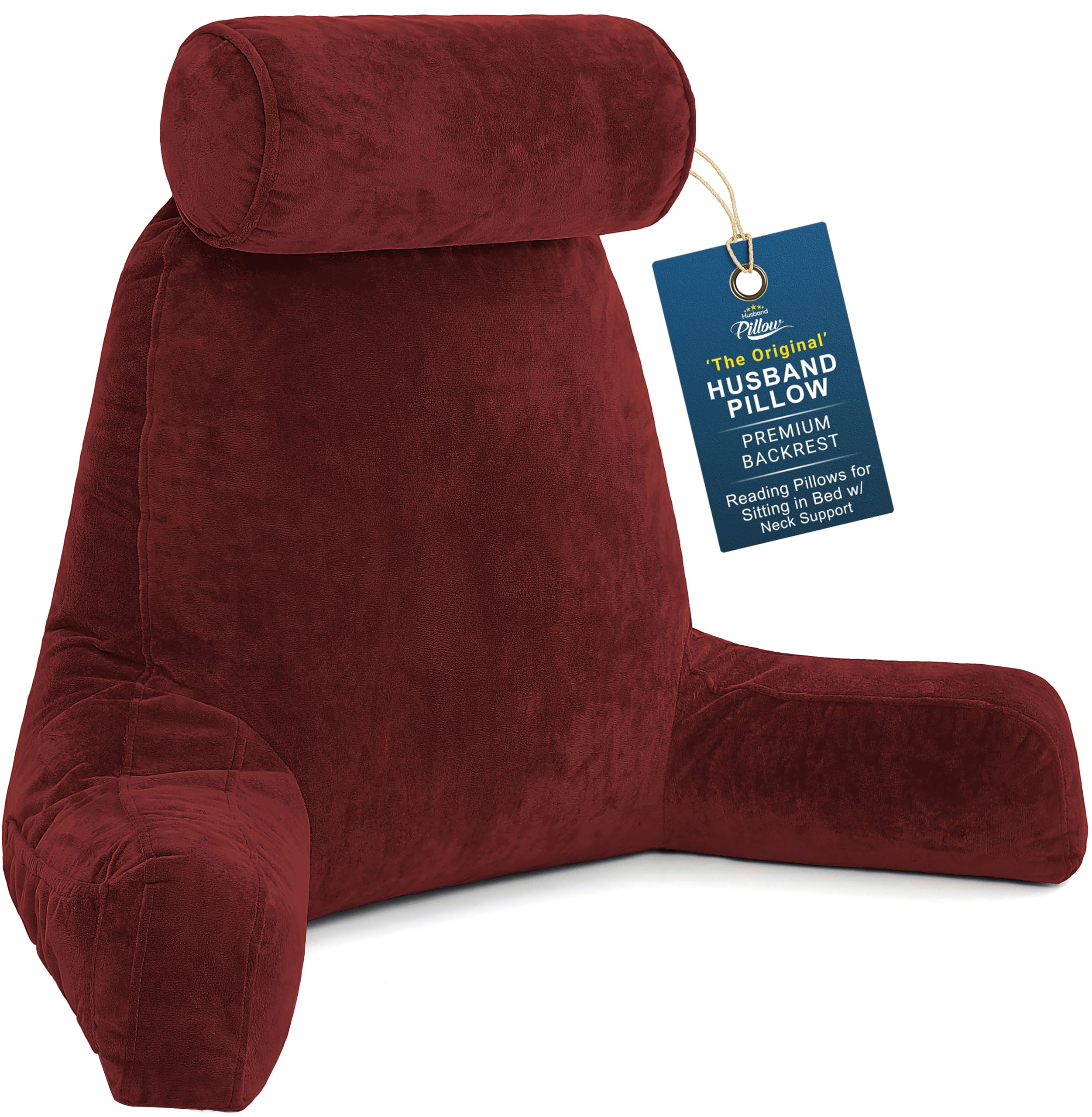 Husband Pillow XXL The Original for Adults - 30" Tall Backrest for Sitting Up in Bed - Firm Support Reading &amp; Bed Rest Pillows for Adults, Neck Roll, Removable Cover - TV - Maroon