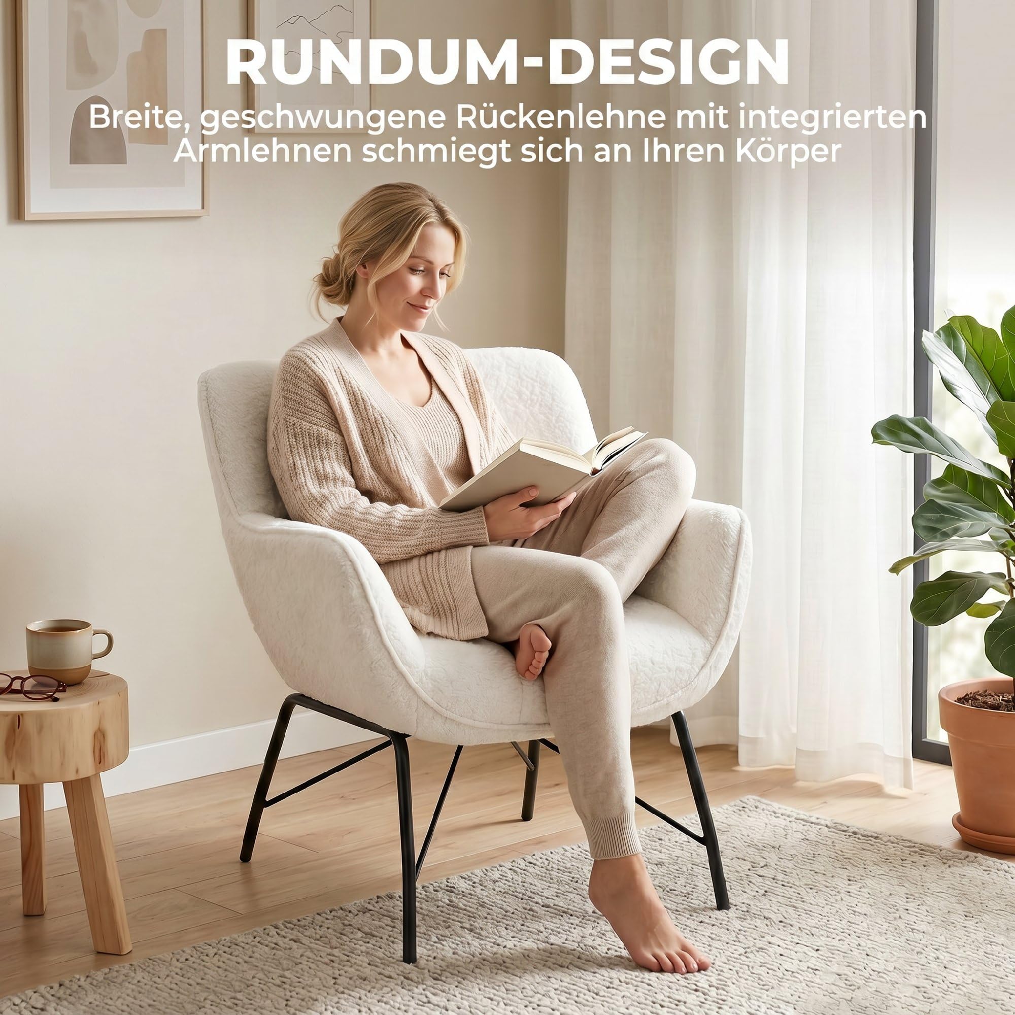 HOMCOM Loungesessel Wohnzimmer Sessel mit Sherpa-Fleece-Optik Cremeweiß | Moderner Lesesessel, Armlehnen, Gebogener Rückenlehne, Stahlbeinen, Bequemer Relaxsessel, Polsterstuhl für Schlafzimmer