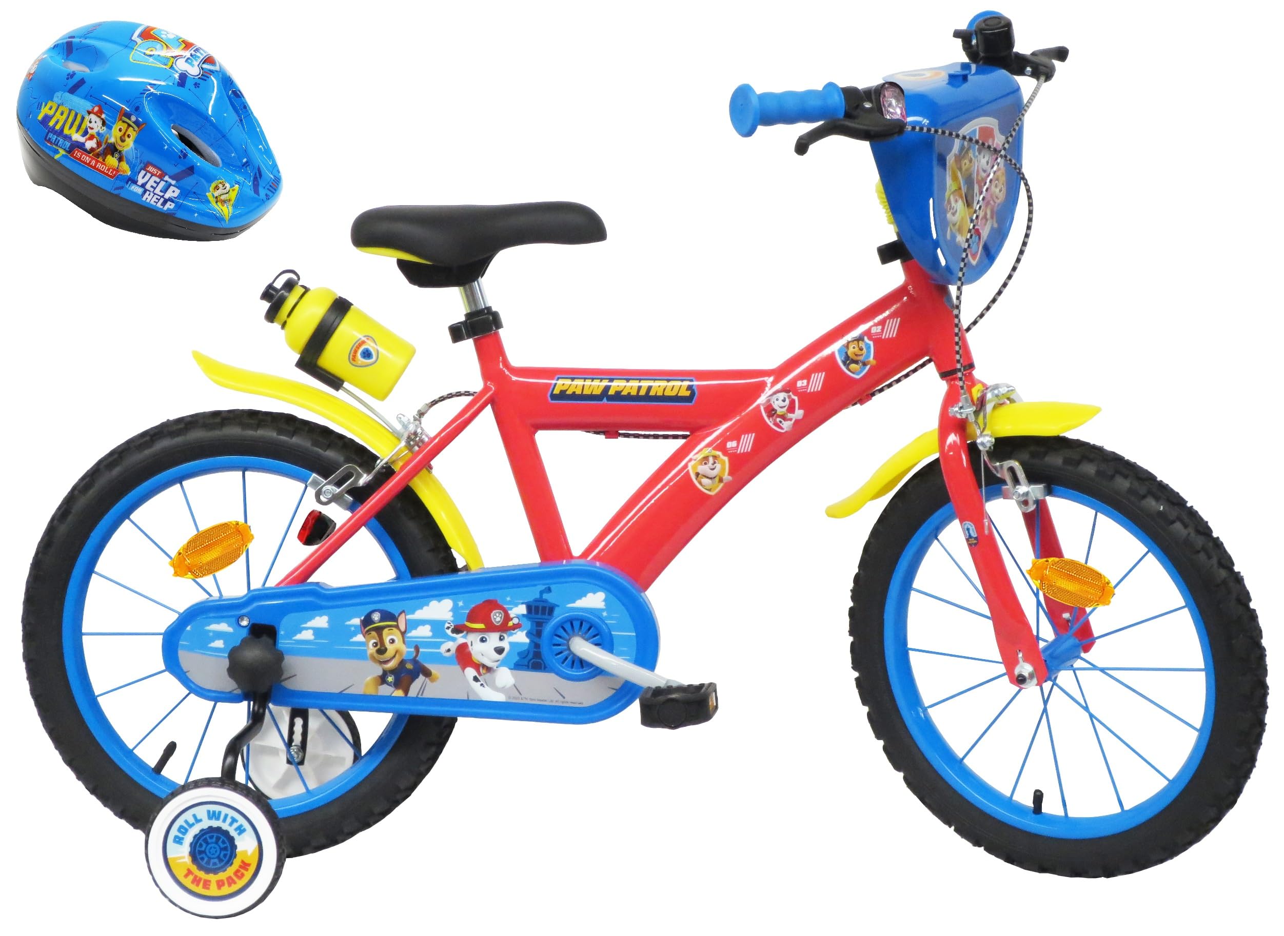 Vélo Enfant 16" Pat Patrouille équipé de 2 Freins, Bidon/Porte Bidon Garde Boues, Plaque Avant, stabilisateurs Amovibles + Casque Pat Patrouille Inclus !