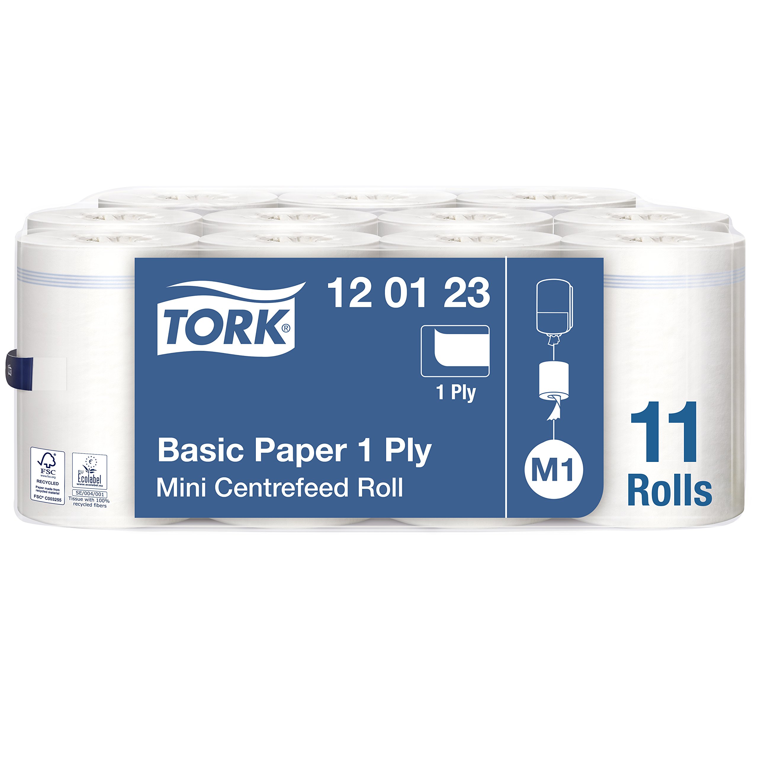 Tork 658000 Mini Innenabrollungsspender für M1 Papierwischtücher & 120123 Standard Papierwischtücher für M1 Mini Spender mit Innenabrollung - Weiß, 1-lagig & ungeprägt - 11 Rollen x 120 Meter(21,5 cm)