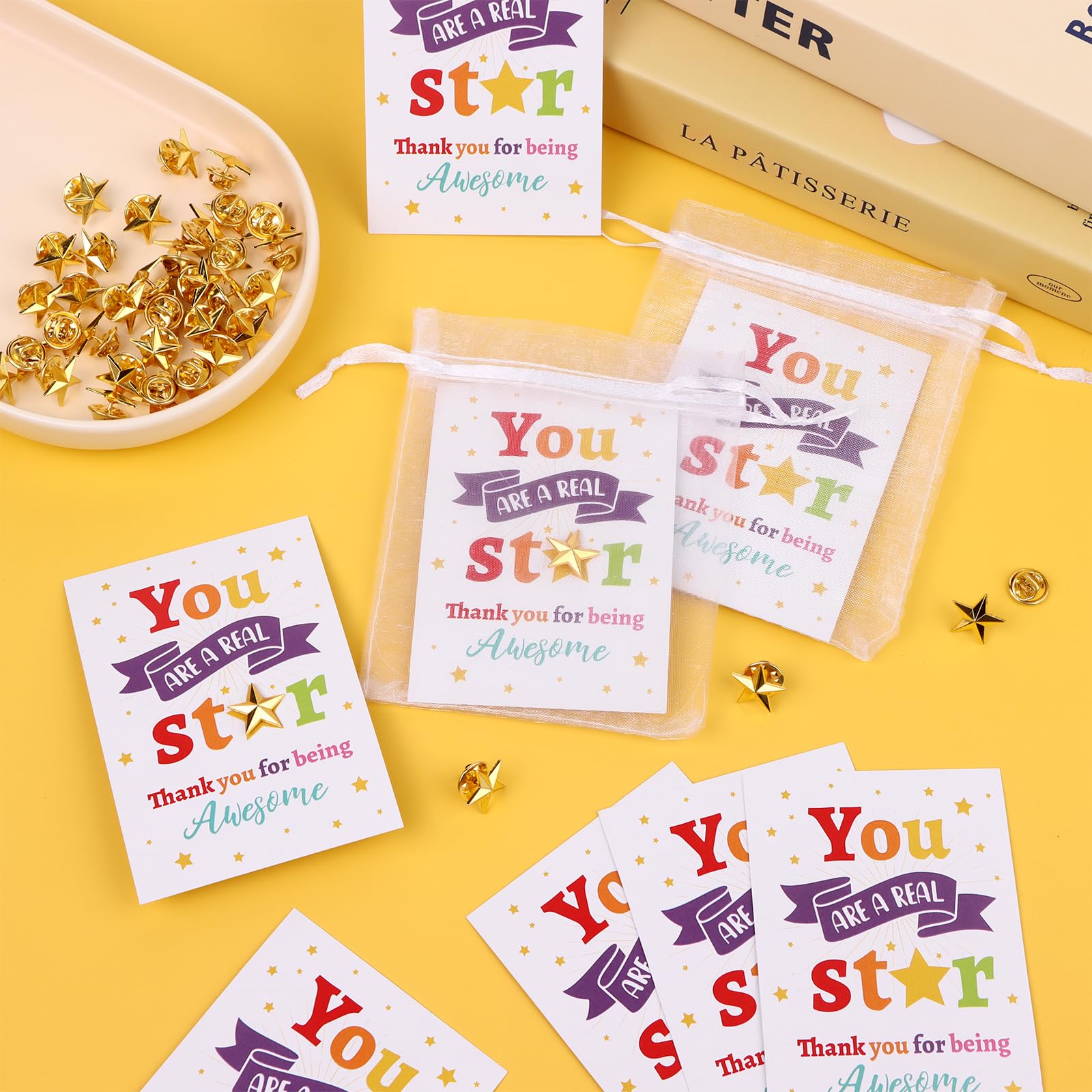 50 Sets Employee Appreciation Gifts Bulk Include Star Badge Lapel Pin Inspirational Greeting Cards Organza Bag Thank You Gift for Teacher Staff Coworkers Employee Volunteer Easter Party Supplies - Image 2
