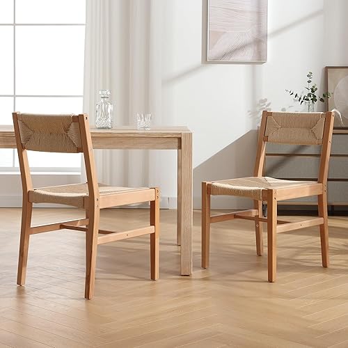 Miniatura 3 de Juego de 2 sillas de comedor de ratán de madera, con respaldo y asiento de mimbre de algas marinas, silla bohemia de caña de granja, patas naturales