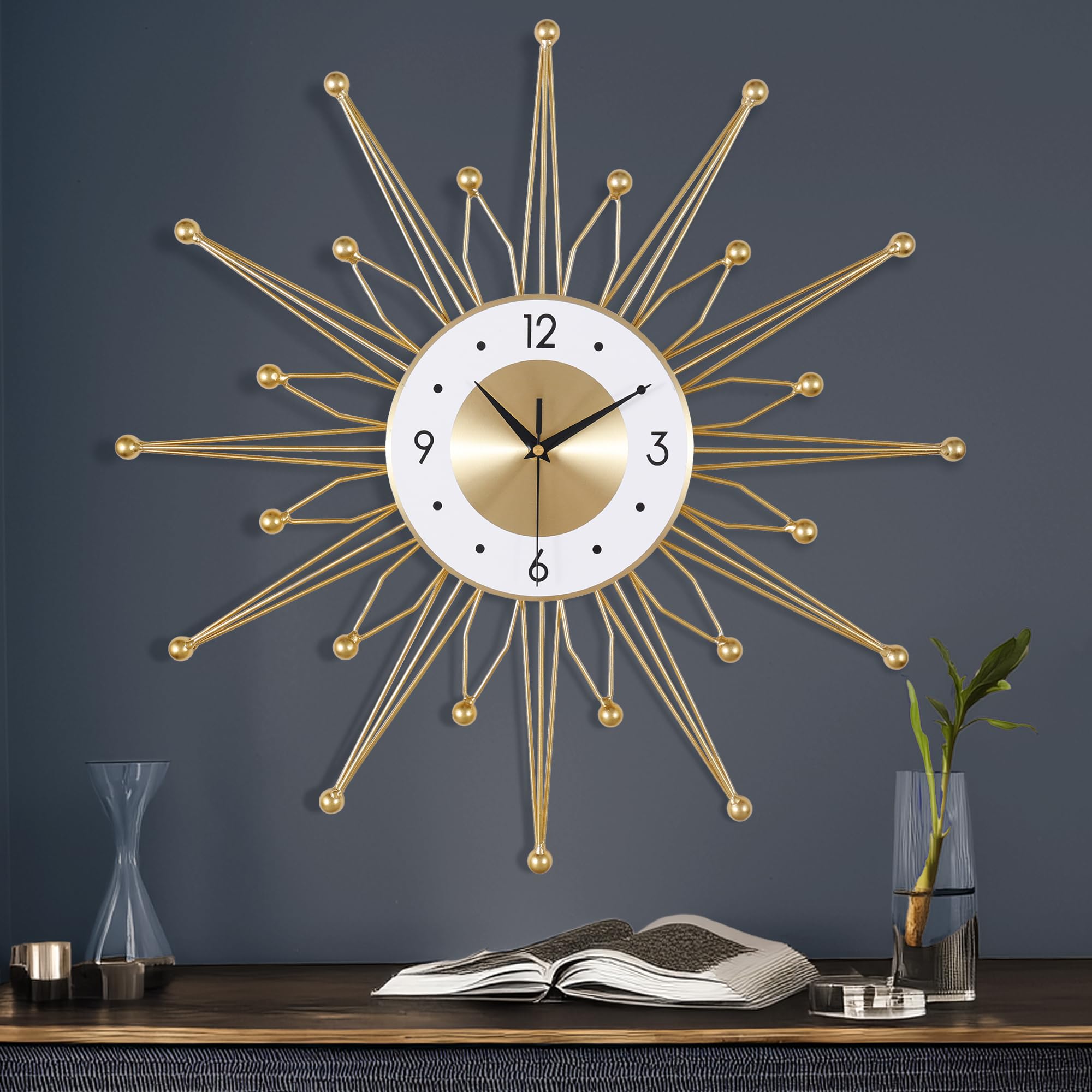 Lafocuse Silent Metal 23 Inch Large Wall Clocks for Living Room Modern, Sunburst Starburst Clock, Gold Mid Century Wall Clock Battery Operated Kitchen Office