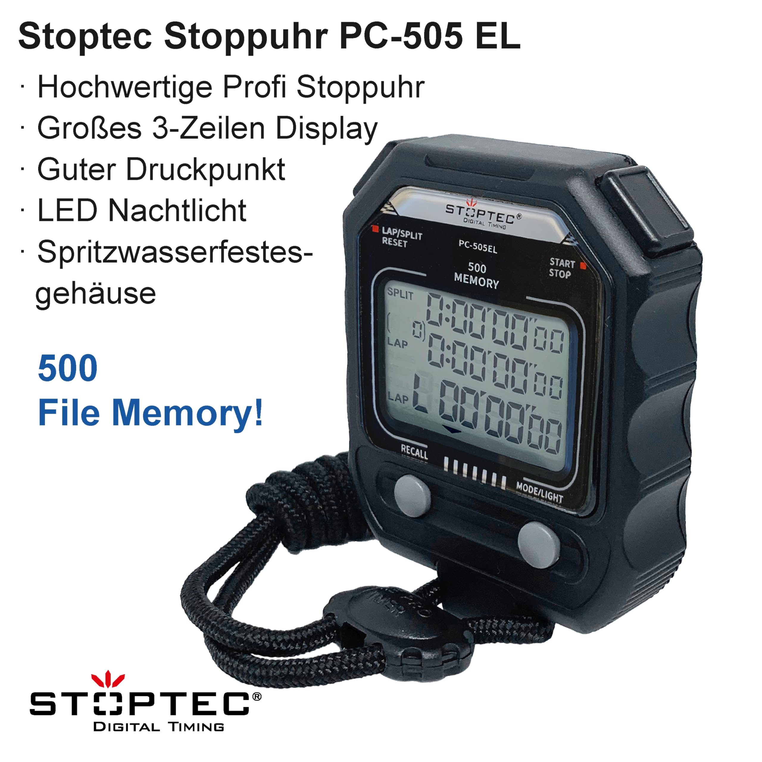 Chronomètre Stoptec 495 - Mémoire 100 Temps - Écran 3 Lignes - Mesure Fréquence Coups - Étanche éclaboussures