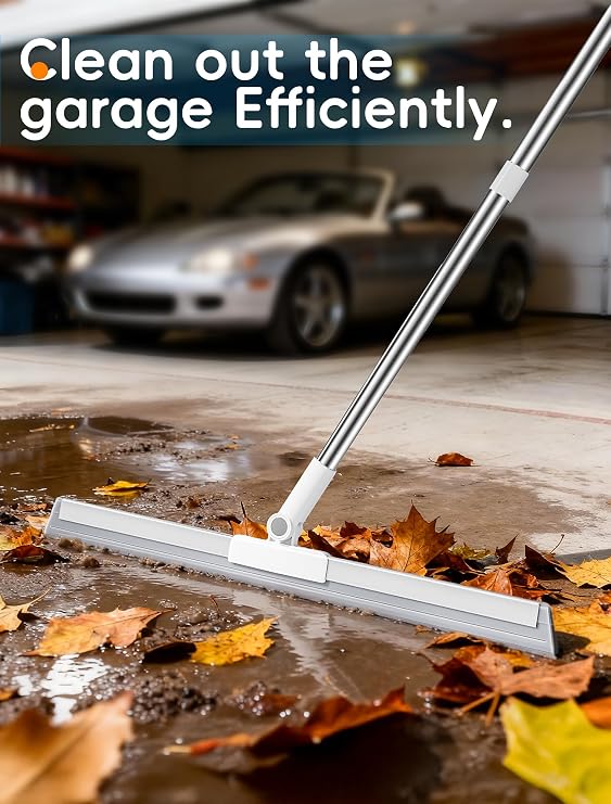 Floor Squeegee Broom with Long Handle, Heavy Duty Rubber Squeegee Kit, Scrubber for Tile Floor, Garage, Concrete with 2 Replacement Heads & 1 Cloth (3-in-1 Set)