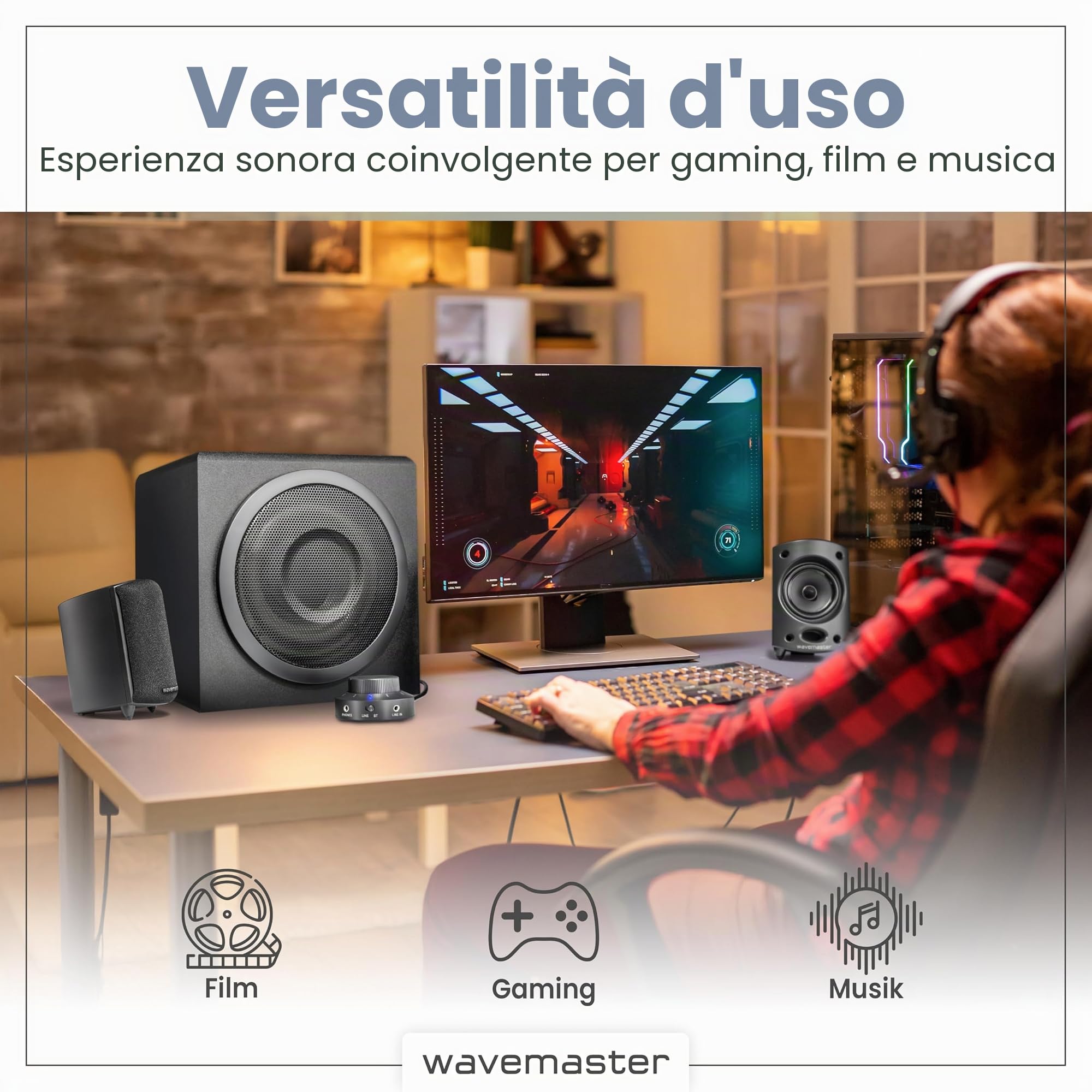 Wavemaster 66206 Moody Bt 2.1 Sistema di Altoparlanti (65 Watt) con Utilizzo di Casse Acustiche Streaming Bluetooth per Tv/Tablet/Smartphone/PC Color Nero
