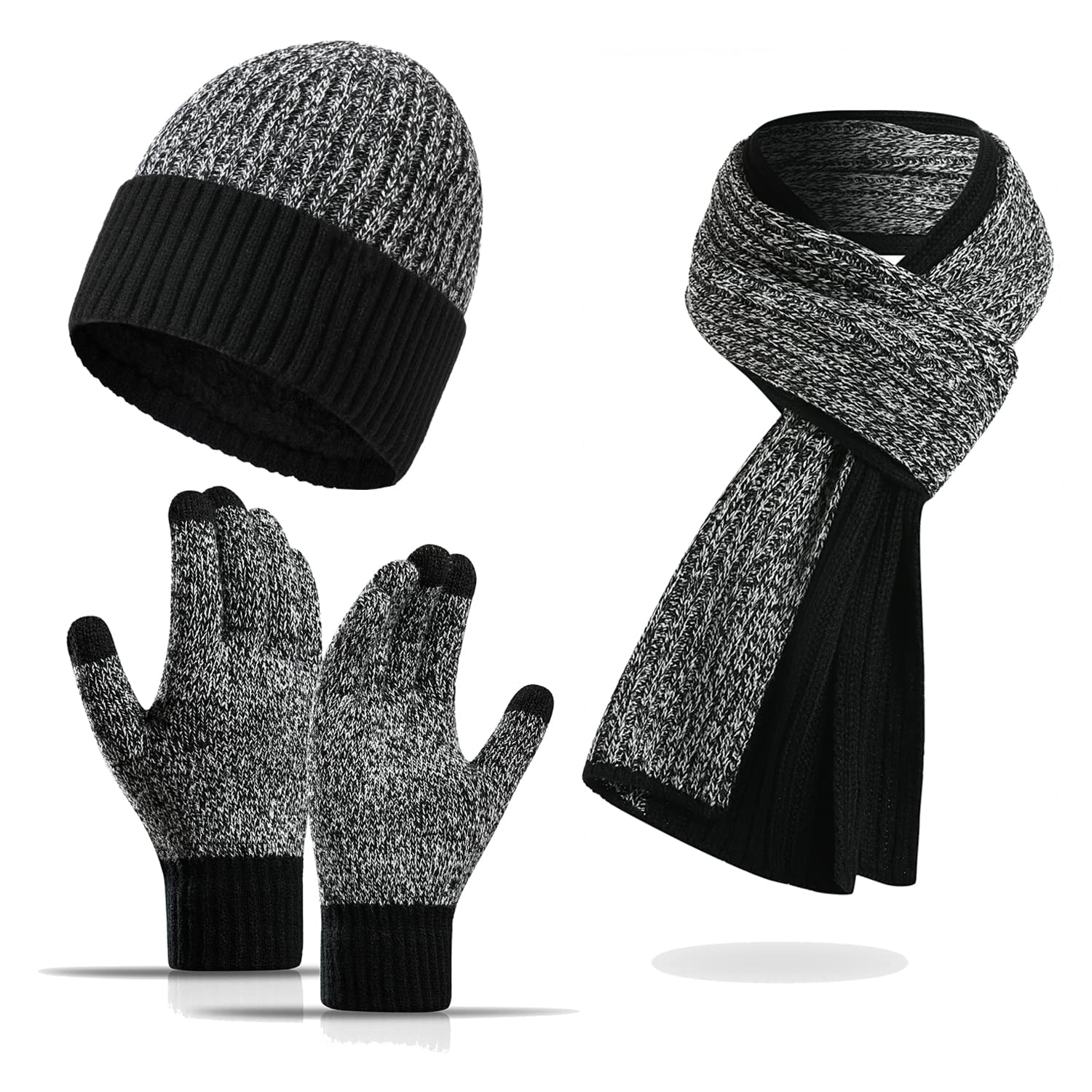 Men's and Women's Winter Knit Hat Beanie Long Scarf Touch Screen Glove Set Hat Neck Warm Glove Set with Fleece Lining black
